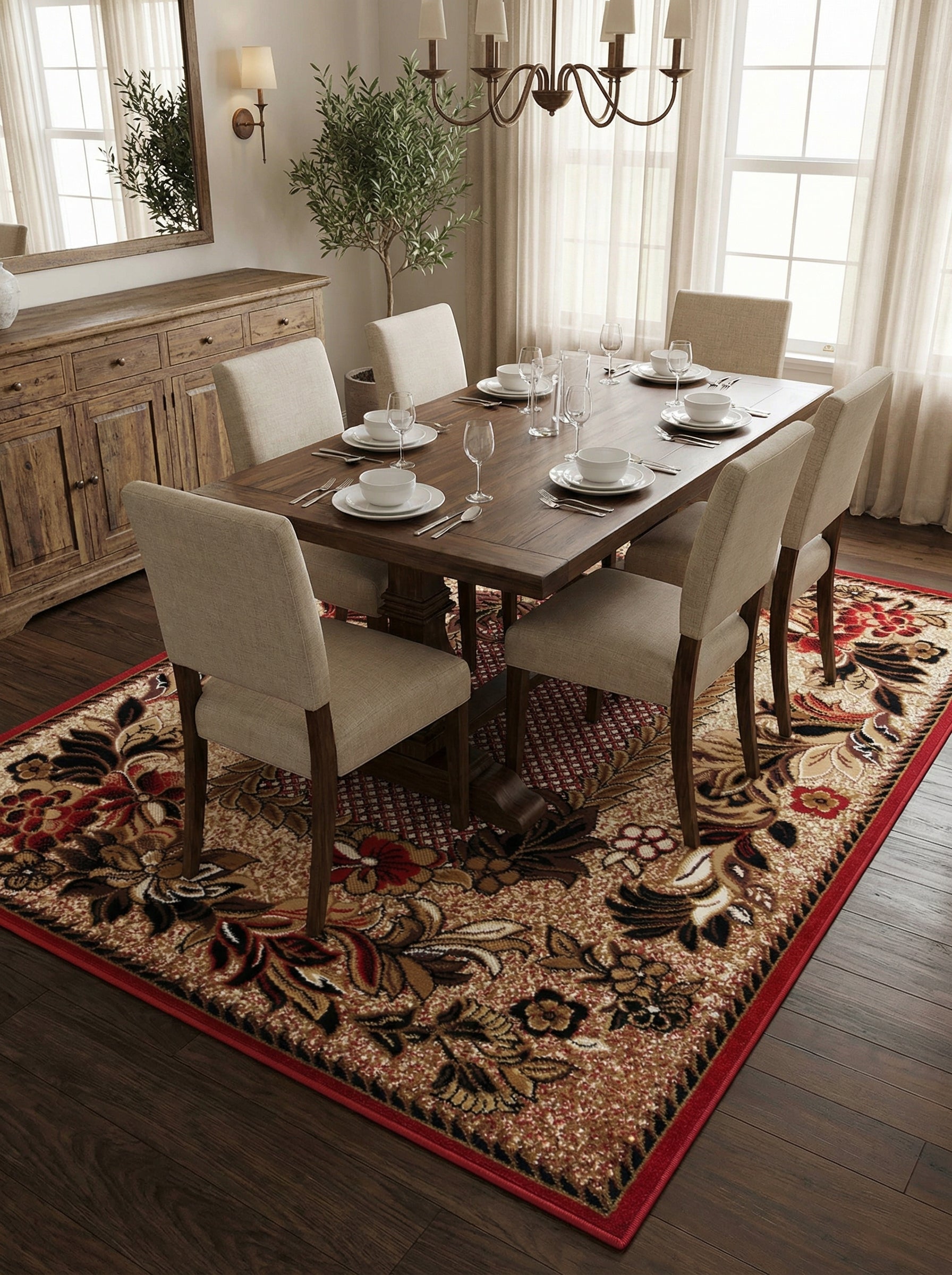 Tapis rectangulaire aux motifs floraux et végétaux rouges, beiges, noirs et or, bordé de rouge vif, dans une salle à manger