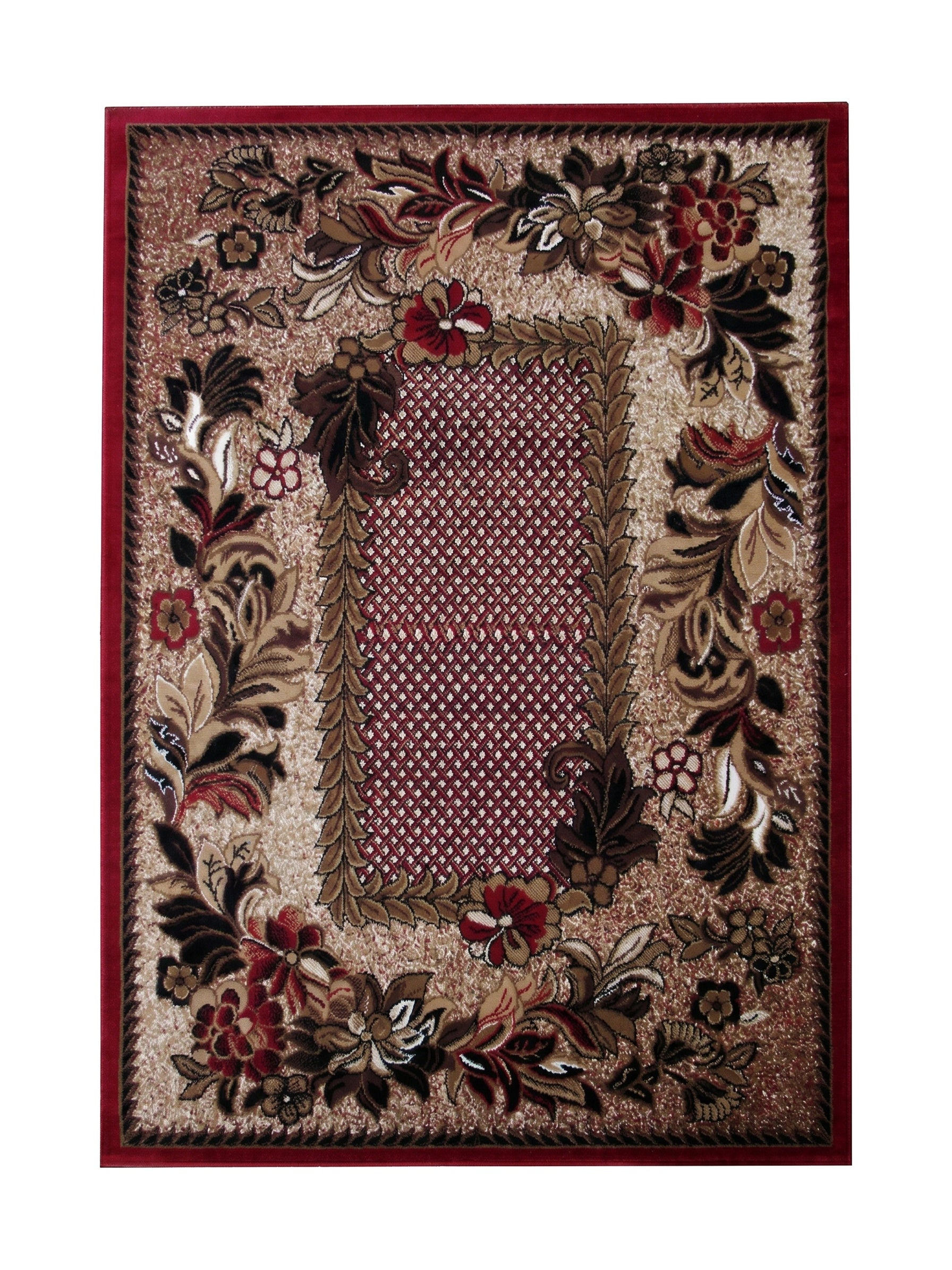 Tapis beige à bordure rouge, orné de motifs floraux et de feuillages marron et bordeaux, avec un centre quadrillé rouge