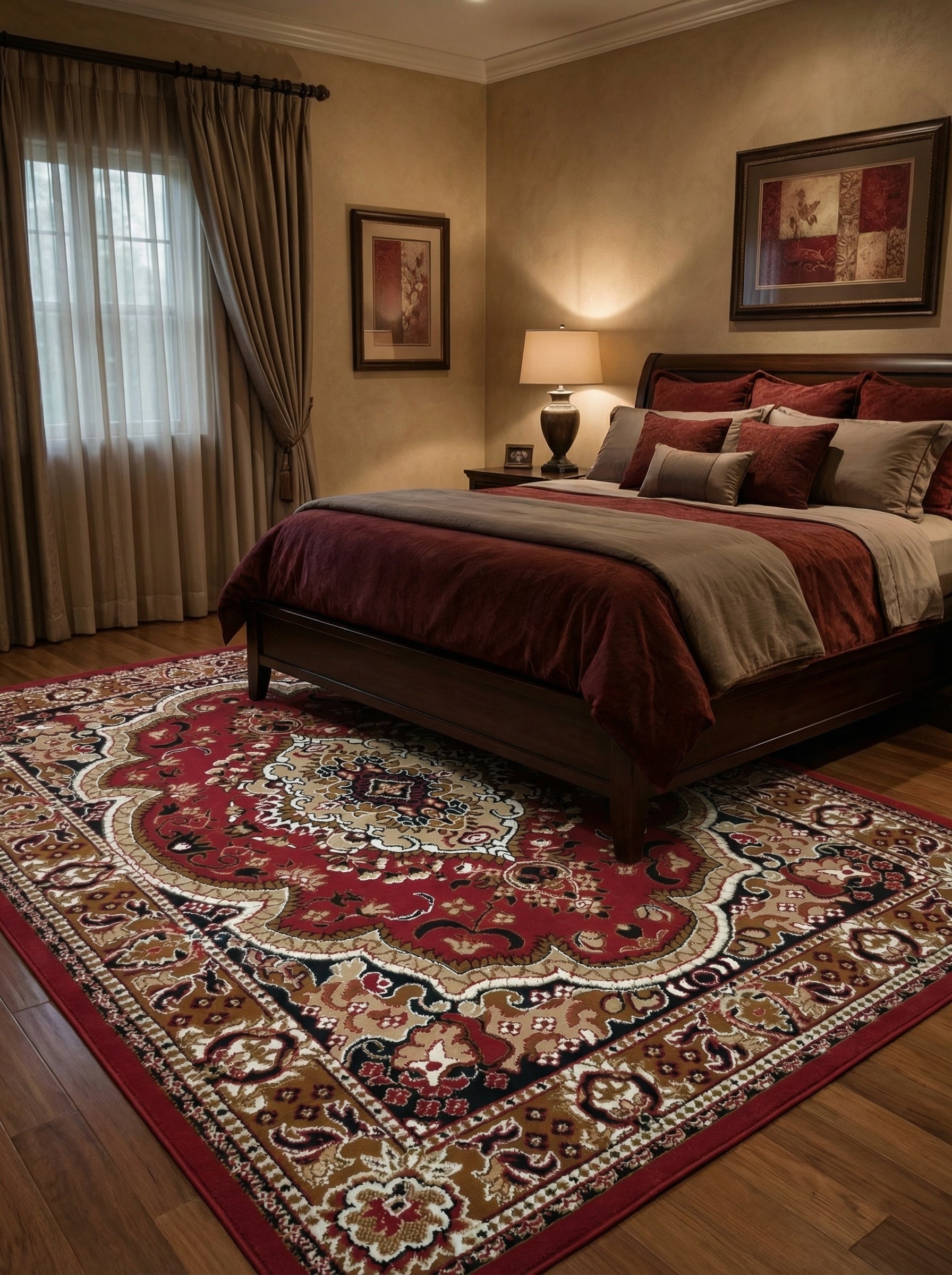 Tapis rectangulaire rouge, beige et noir, aux motifs floraux et médaillons complexes, posé sur le parquet d'une chambre élégante
