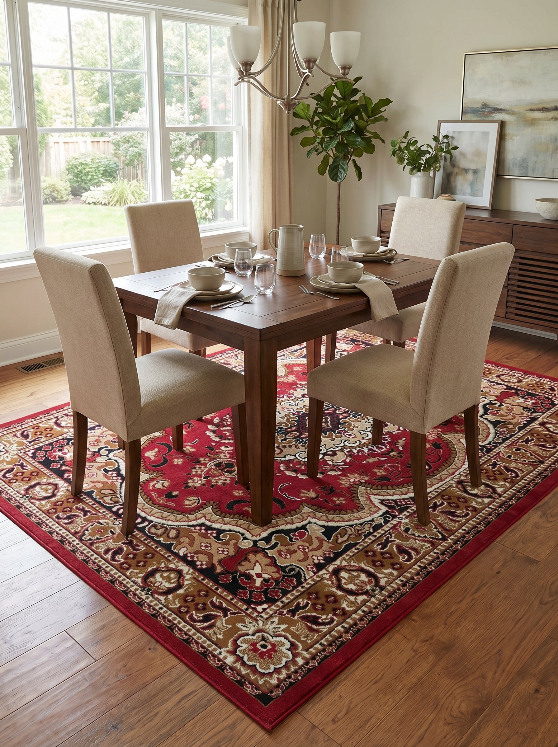 Tapis rectangulaire rouge à motifs floraux et médaillons persans beiges et noirs, au centre d'une salle à manger