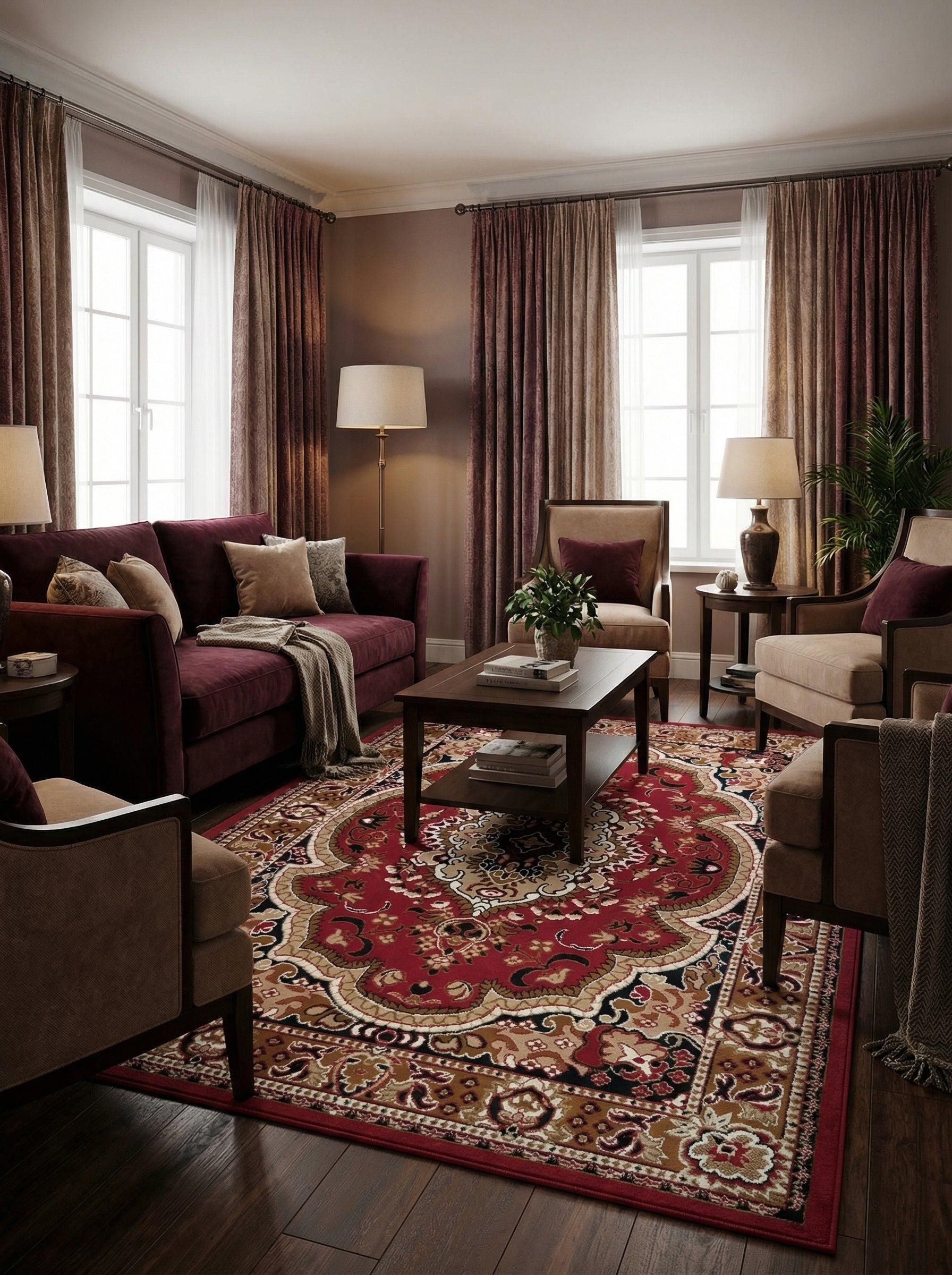 Tapis rectangulaire rouge à motifs floraux et médaillon central beiges, noirs et dorés, posé sur un parquet dans un salon chaleureux