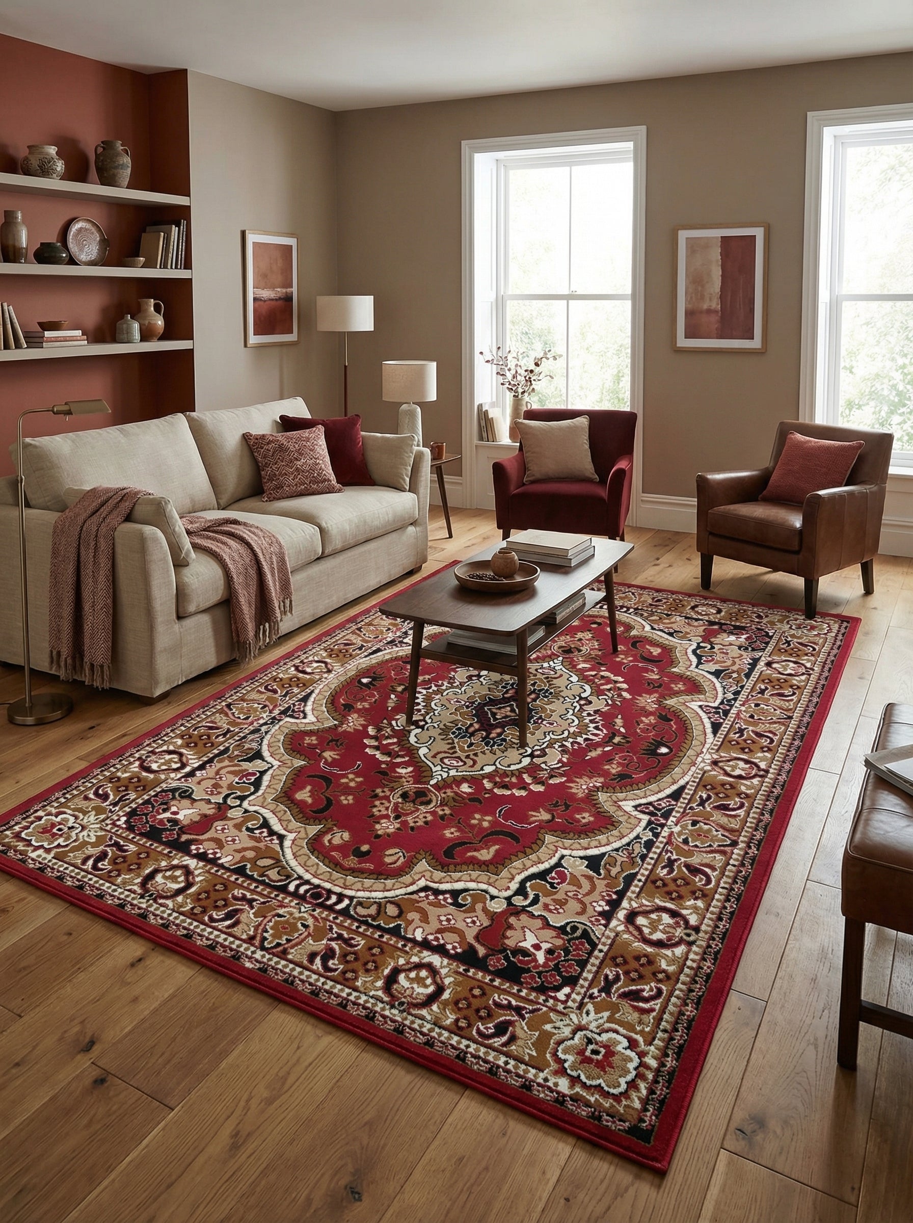 Tapis rectangulaire rouge foncé aux motifs traditionnels crème, beiges, bruns et noirs avec un médaillon central, posé sur un parquet dans un salon