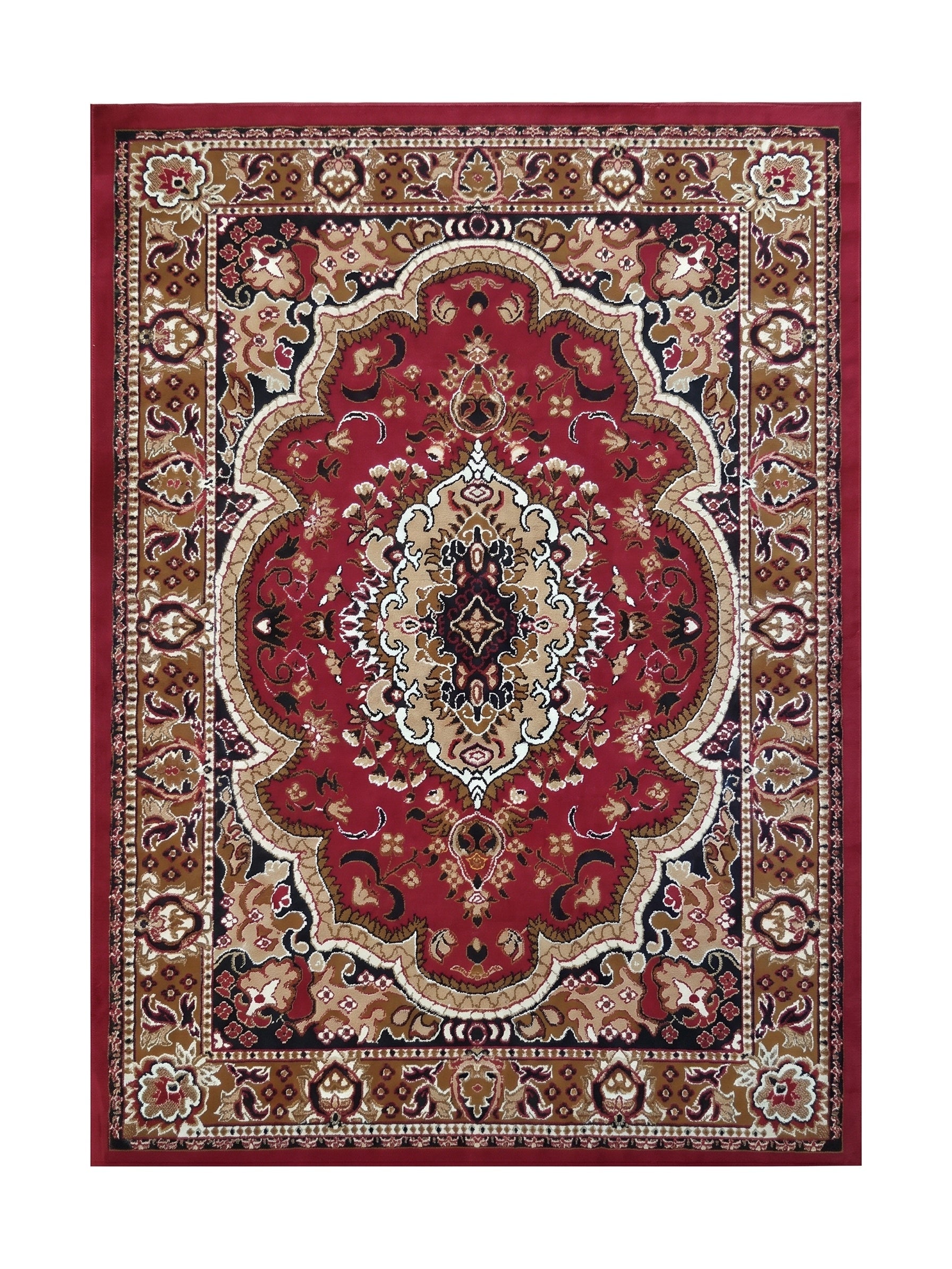 Tapis rouge avec un grand médaillon central. Ses motifs traditionnels fleuris incluent des bordures en crème, marron et noir