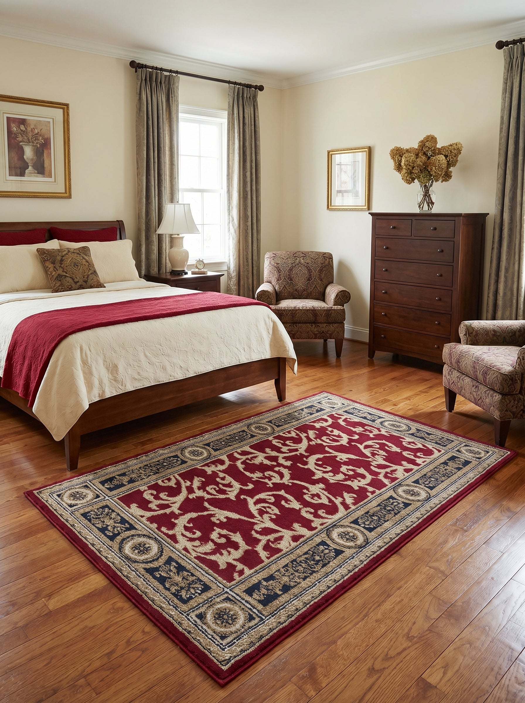 Tapis rectangulaire rouge bordeaux à motifs floraux et arabesques beige or, avec une bordure bleu marine et or, posé sur un parquet clair dans une chambre élégante
