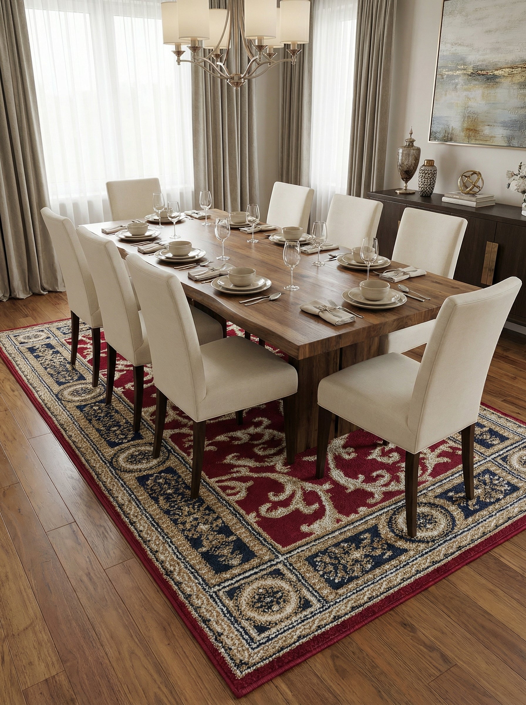 Tapis rectangulaire bordeaux avec arabesques beiges et bordure à motifs médaillons bleus et or, sous une table de salle à manger