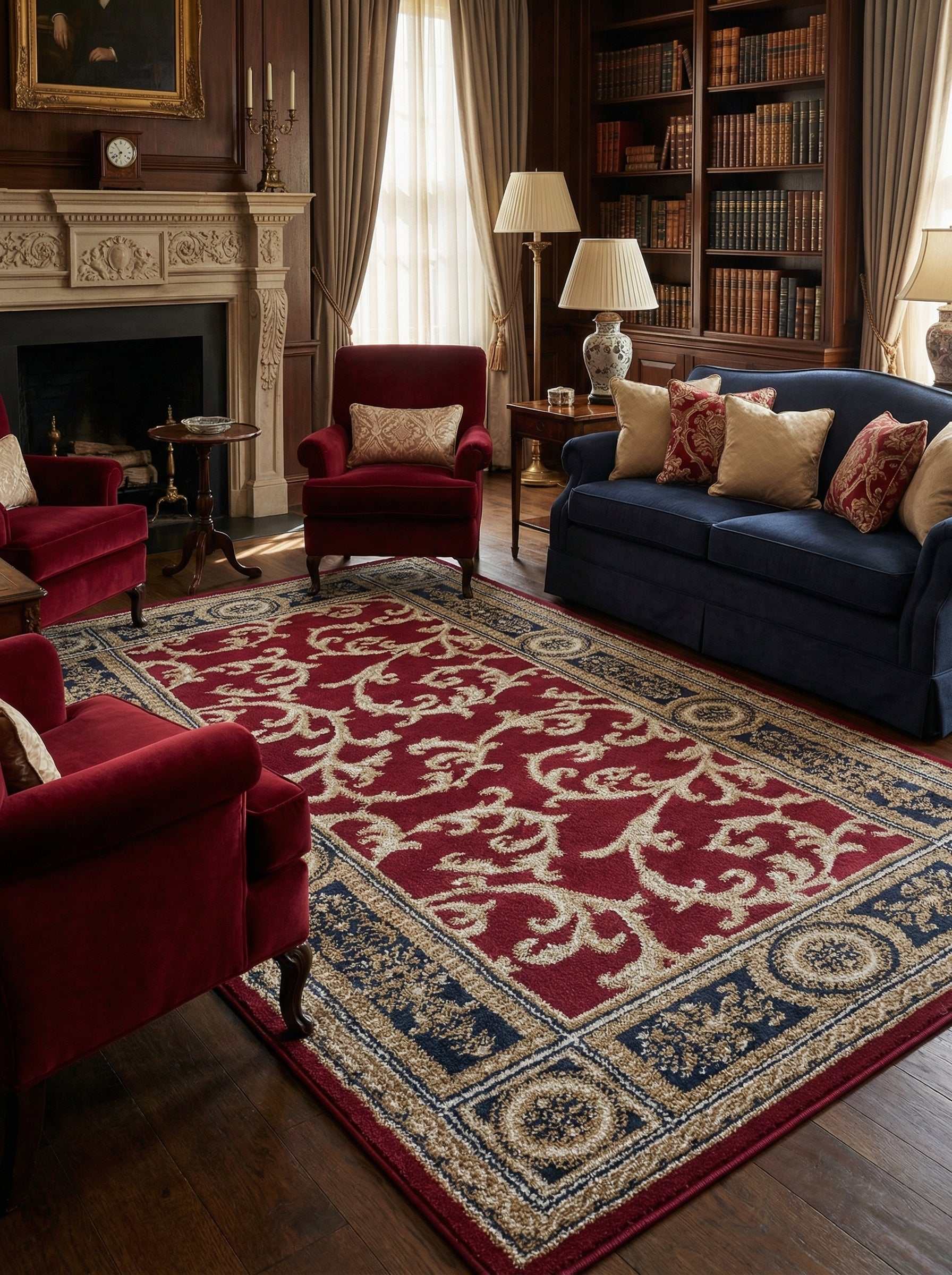 Tapis rectangulaire rouge bordeaux aux volutes dorées, bordure bleu marine à médaillons beiges, sur un parquet dans un salon traditionnel
