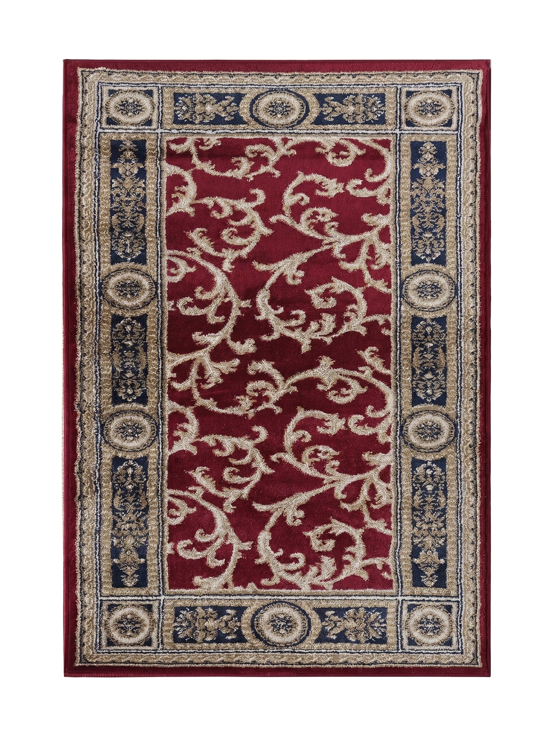 Tapis rectangulaire bordeaux avec des motifs floraux et volutes dorés, et une bordure bleu marine ornée de médaillons beiges