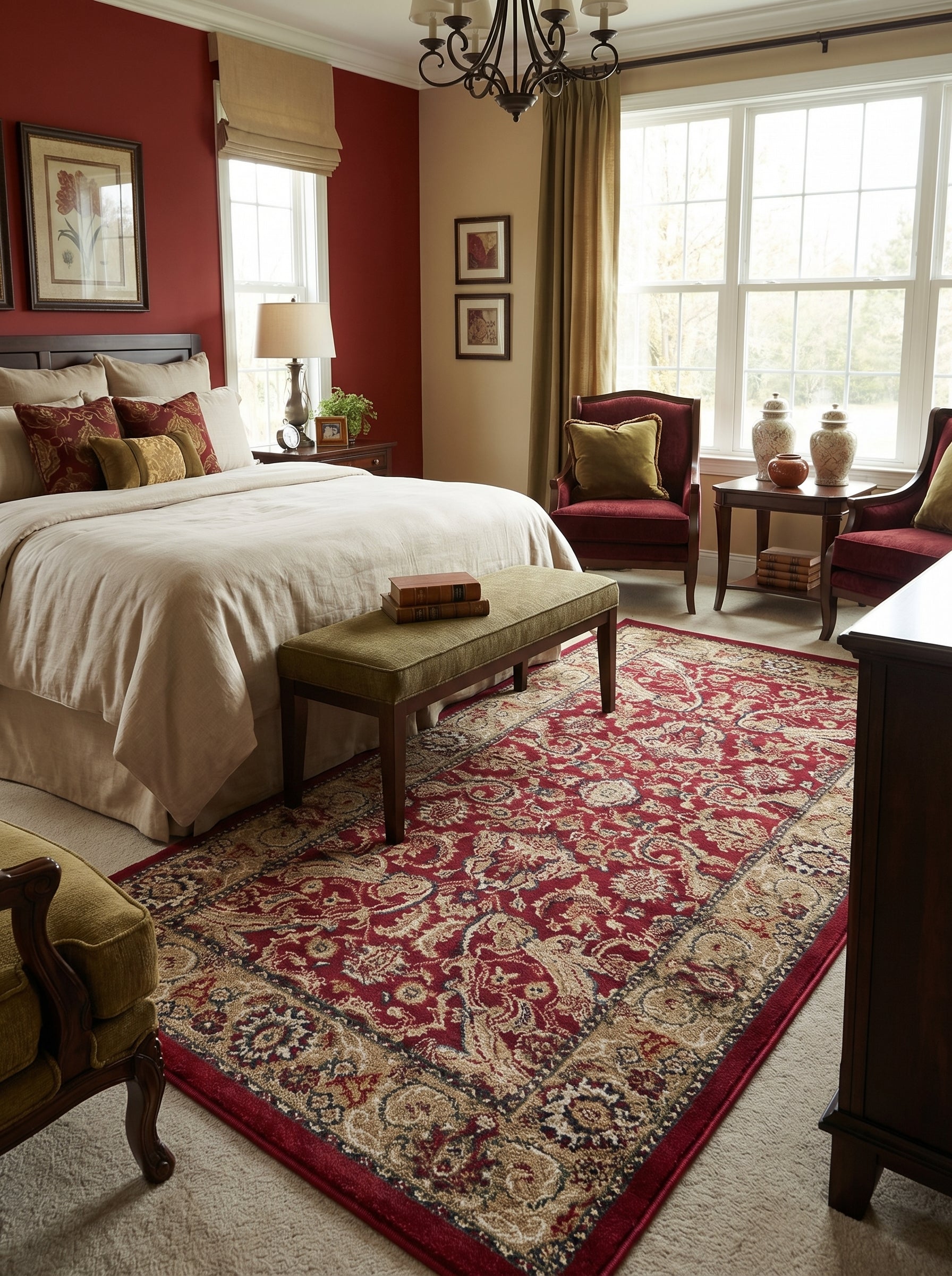 Grand tapis rectangulaire rouge bordeaux à motifs floraux et arabesques beiges et or, posé sur un sol crème dans une chambre élégante