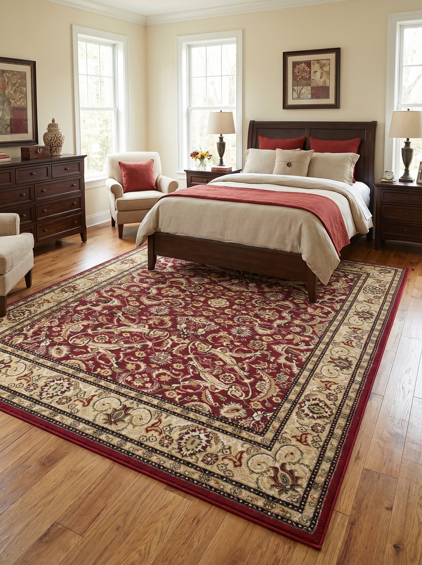 Tapis rectangulaire bordeaux à motifs floraux et cachemire beiges et dorés, avec bordure contrastée, sur parquet en bois d'une chambre