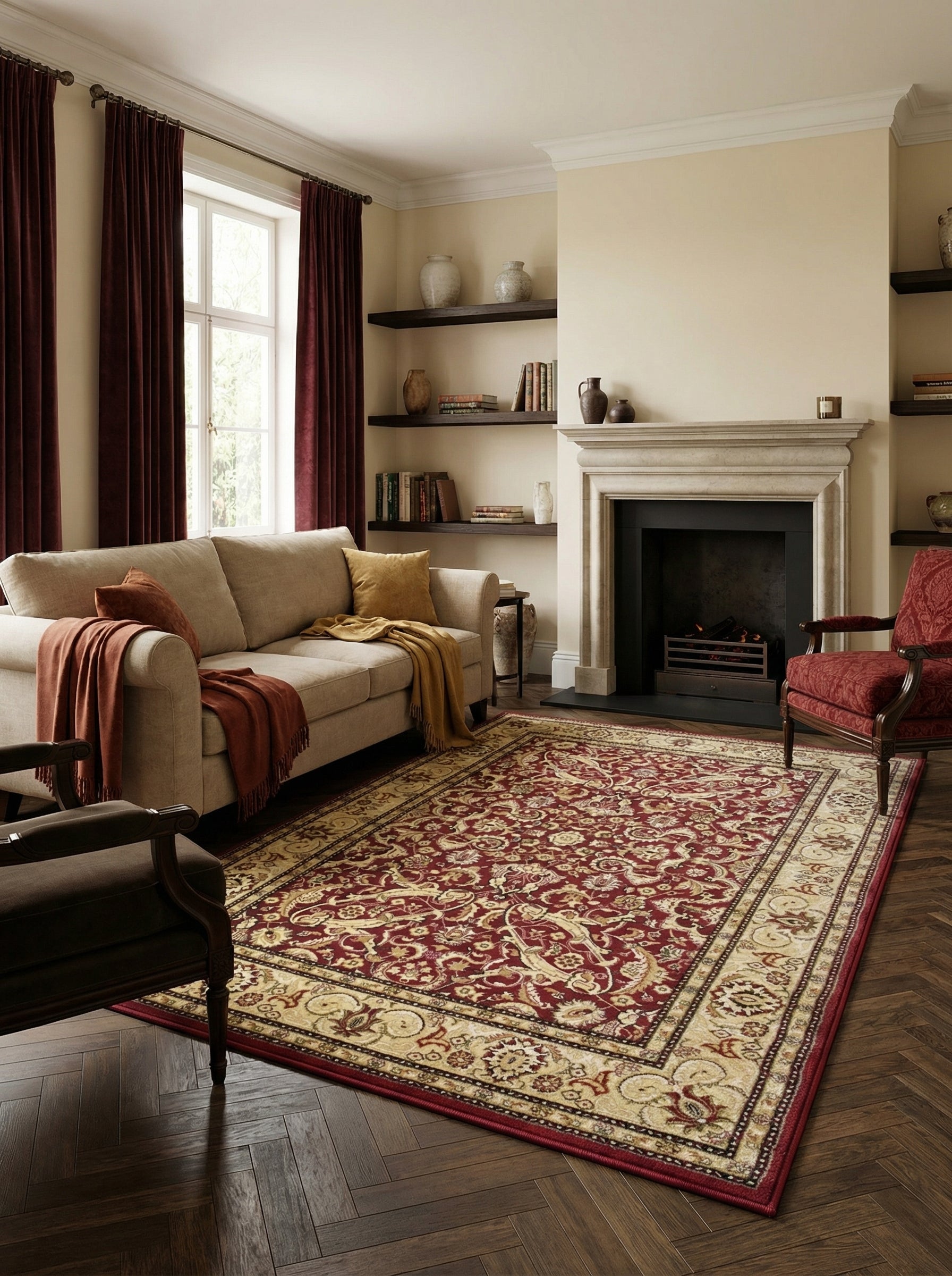 Tapis rectangulaire bordeaux orné de riches motifs floraux et cachemire crème et or pâle, posé sur un parquet foncé dans un salon élégant