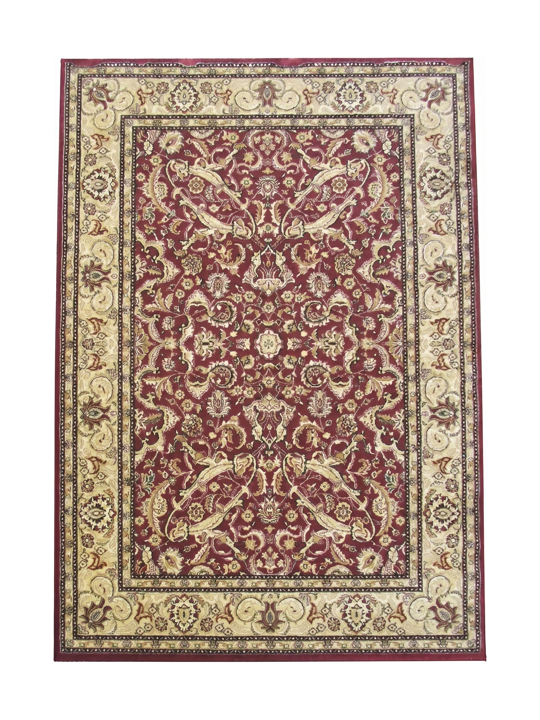 Tapis à motifs orientaux bordeaux et crème avec un champ central richement décoré et une bordure élaborée