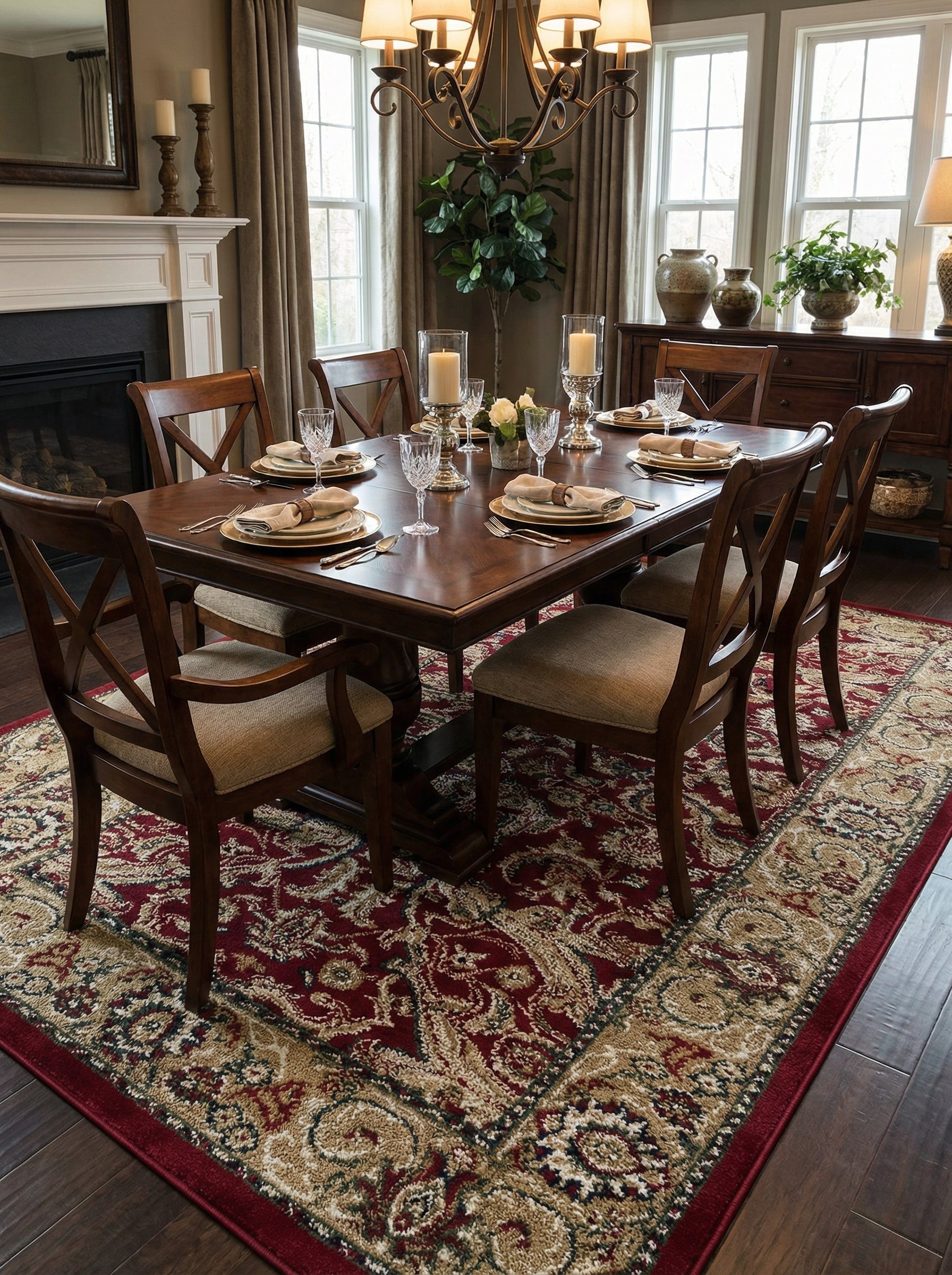Tapis rectangulaire à motifs floraux complexes rouge bordeaux, beige doré et accents verts, posé sous une table de salle à manger en bois