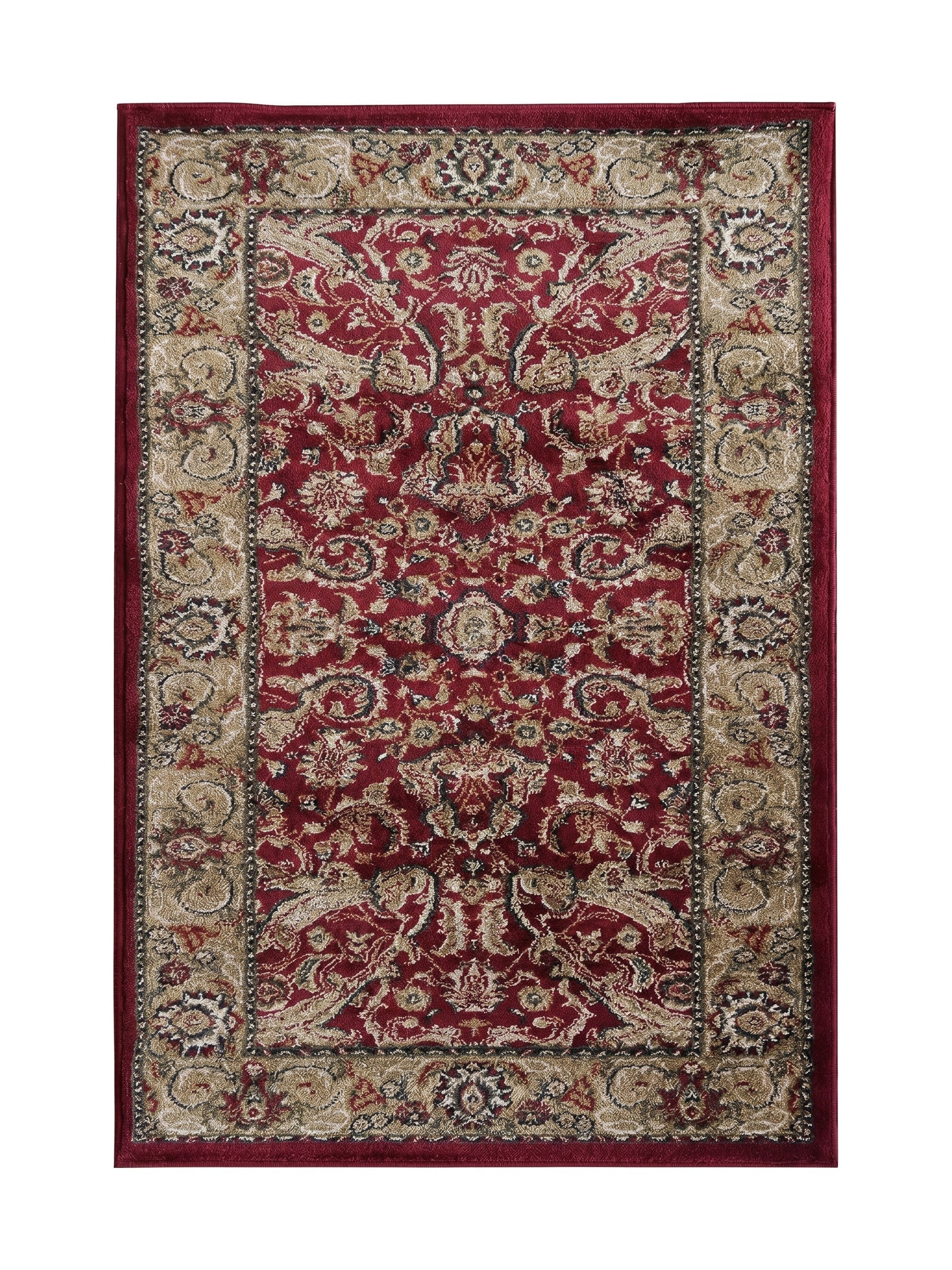 Tapis bordeaux aux motifs traditionnels or et beige avec une bordure élaborée et des accents sombres