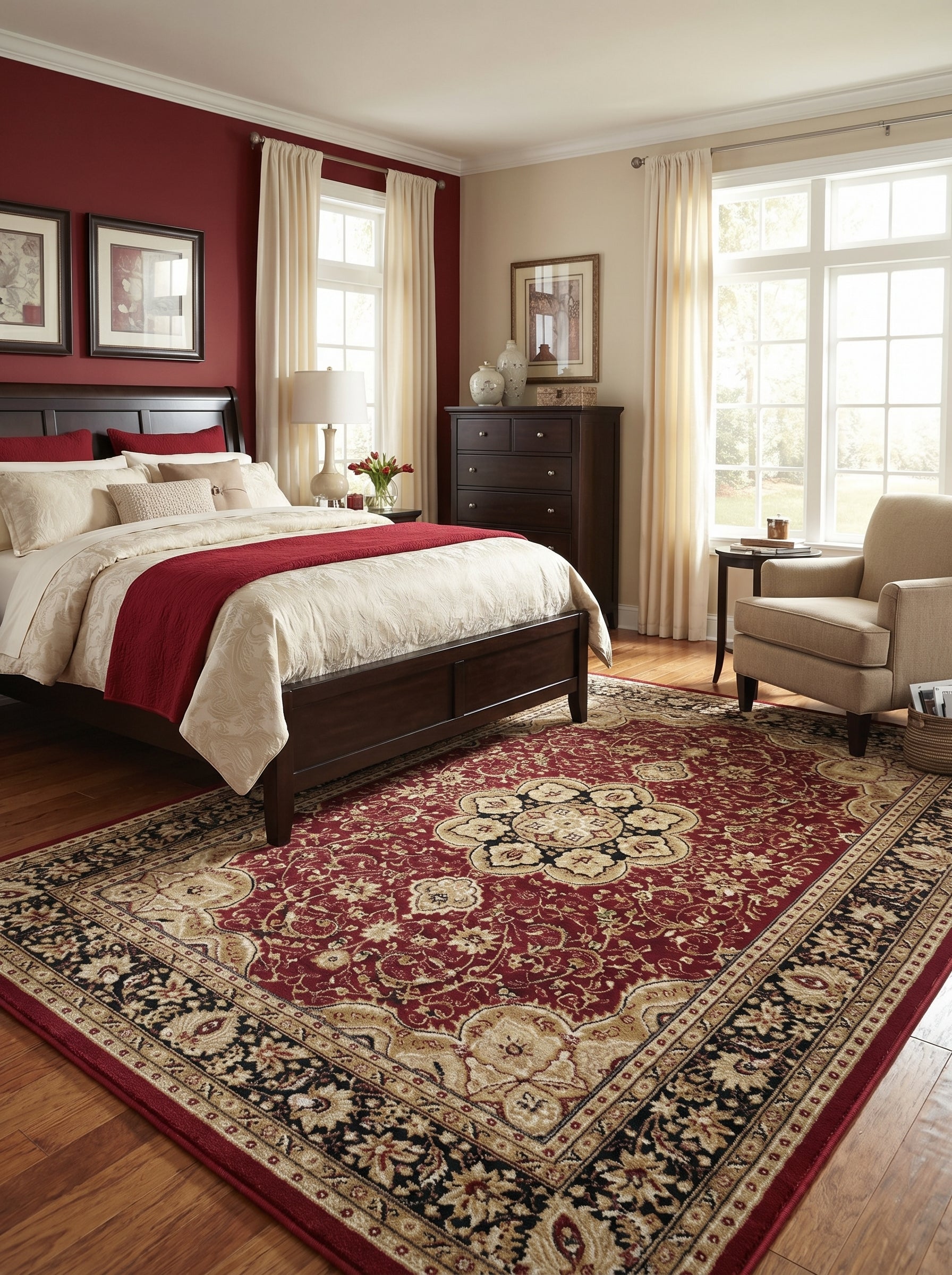 Tapis rectangulaire rouge bordeaux aux motifs floraux beiges et noirs avec un médaillon central, posé sur un parquet dans une chambre élégante