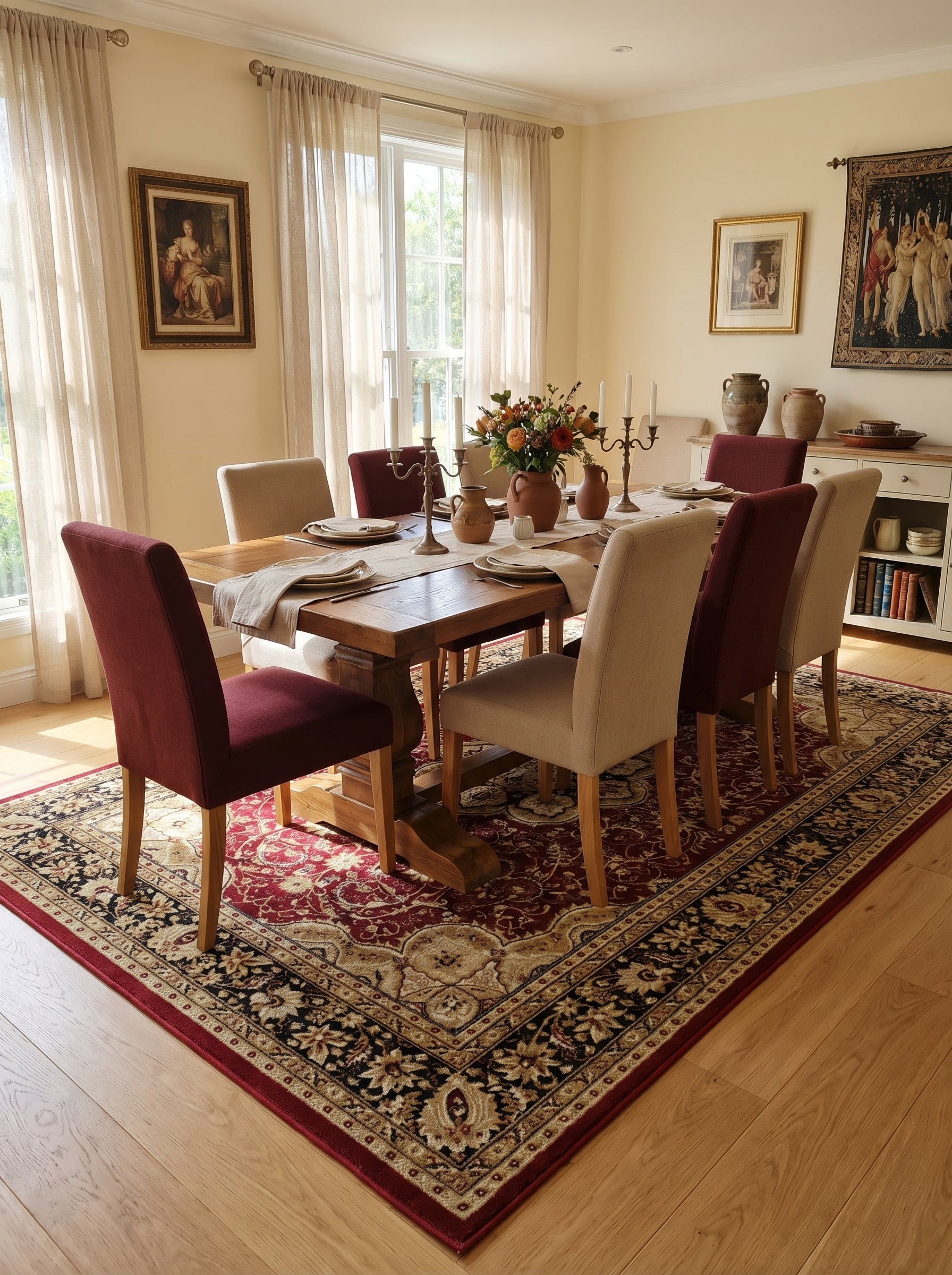 Tapis rectangulaire rouge bordeaux à motifs floraux beiges et noirs, posé sous une grande table de salle à manger