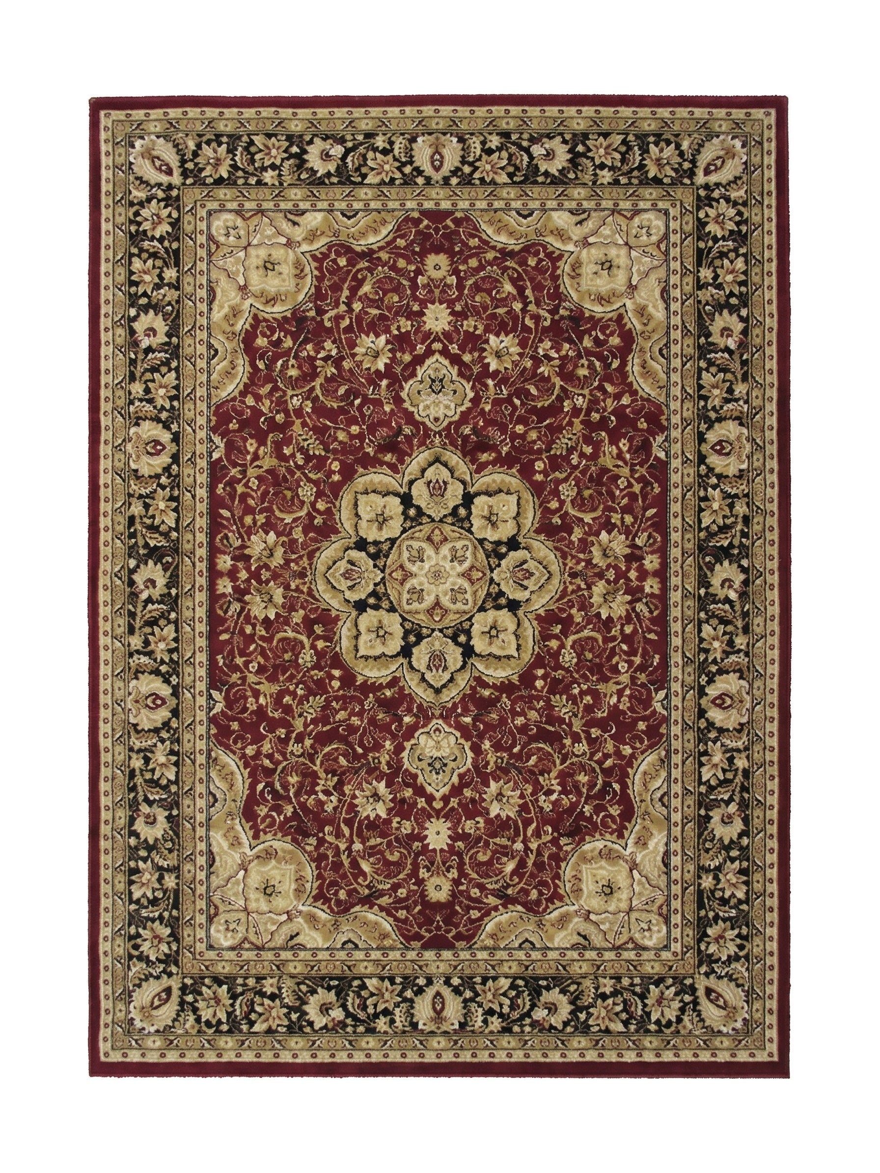 Tapis rectangulaire bordeaux orné de motifs floraux persans complexes en crème et noir, incluant un large médaillon central