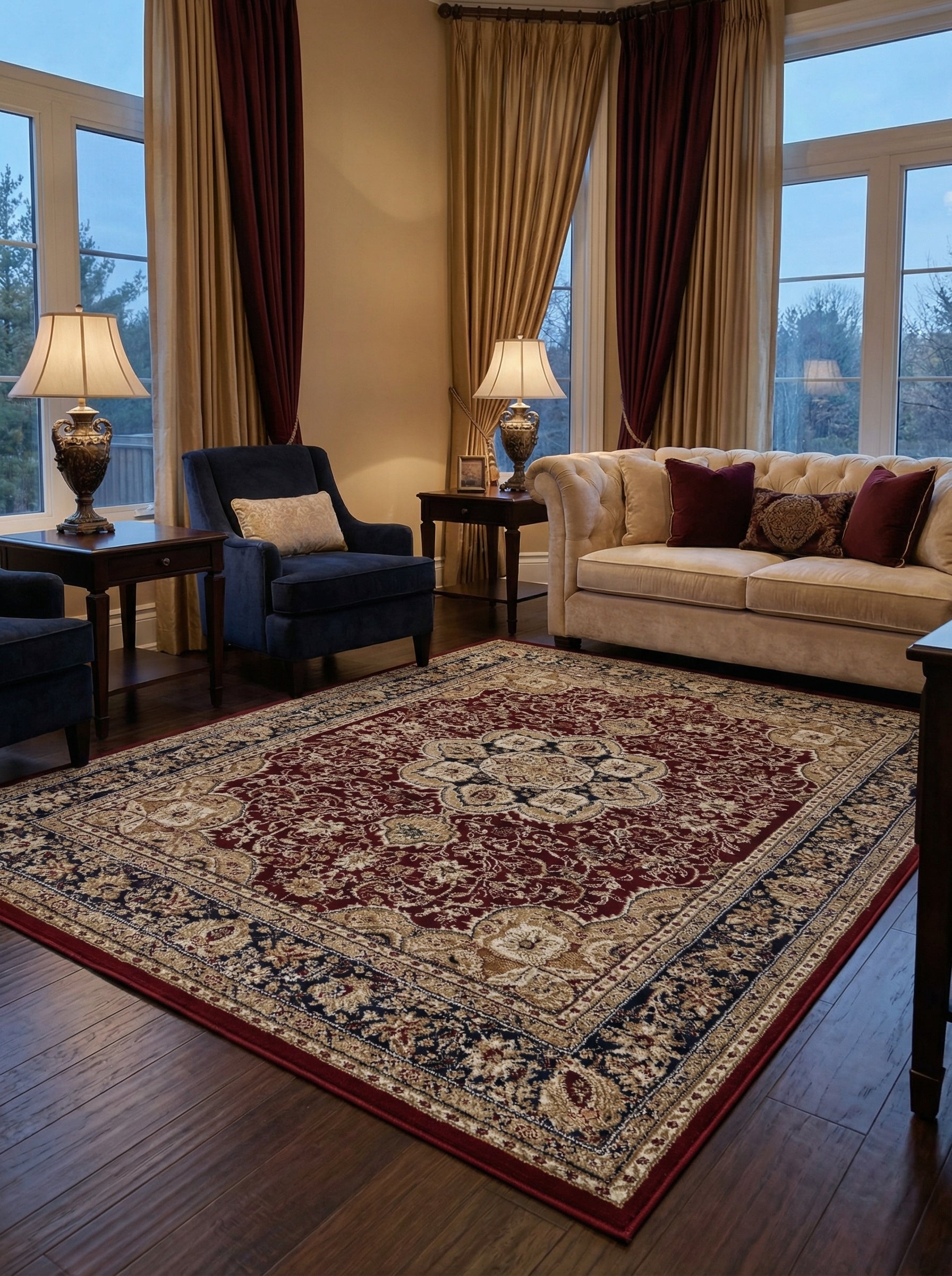 Tapis rectangulaire bordeaux et beige à motifs floraux détaillés avec bordure bleue, posé sur un parquet dans un salon élégant