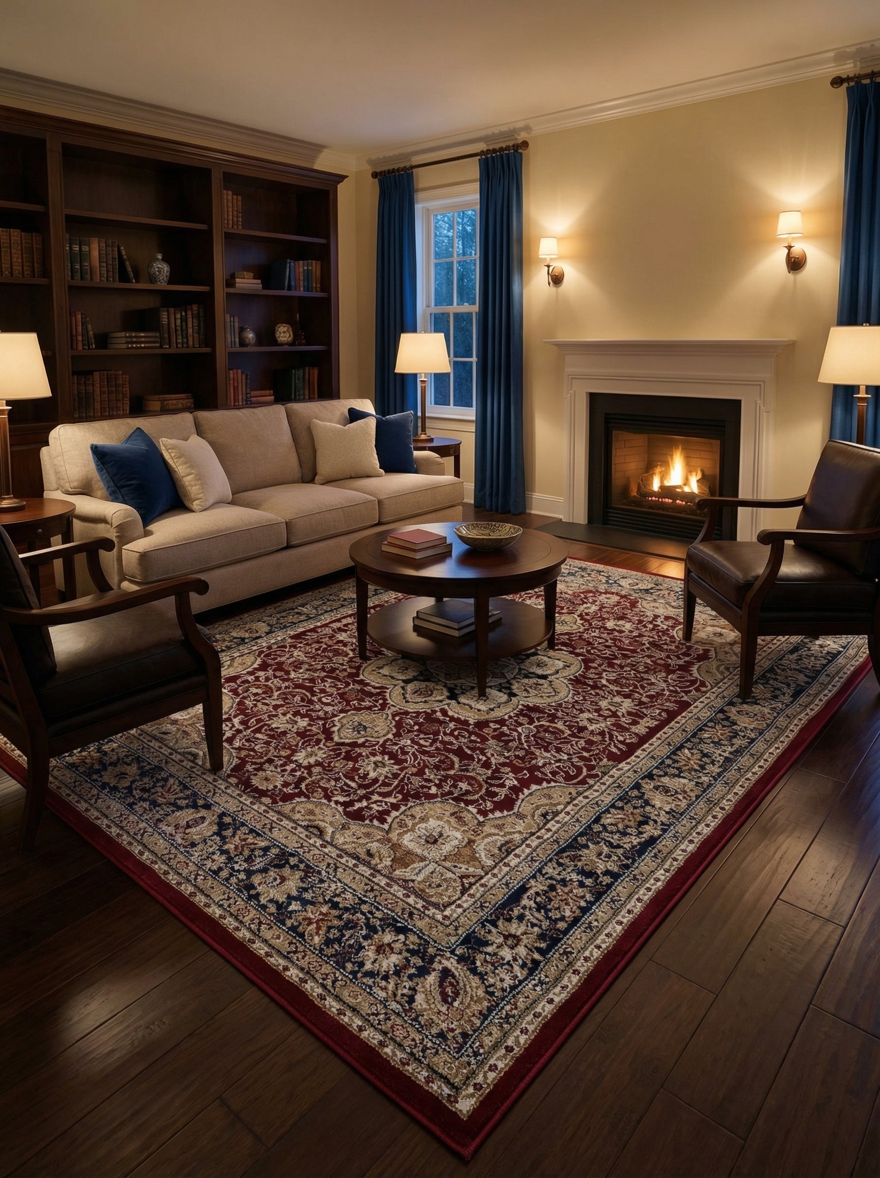Tapis rectangulaire à motifs floraux complexes rouge bordeaux, bleu marine et crème, posé sur un parquet dans un salon chaleureux