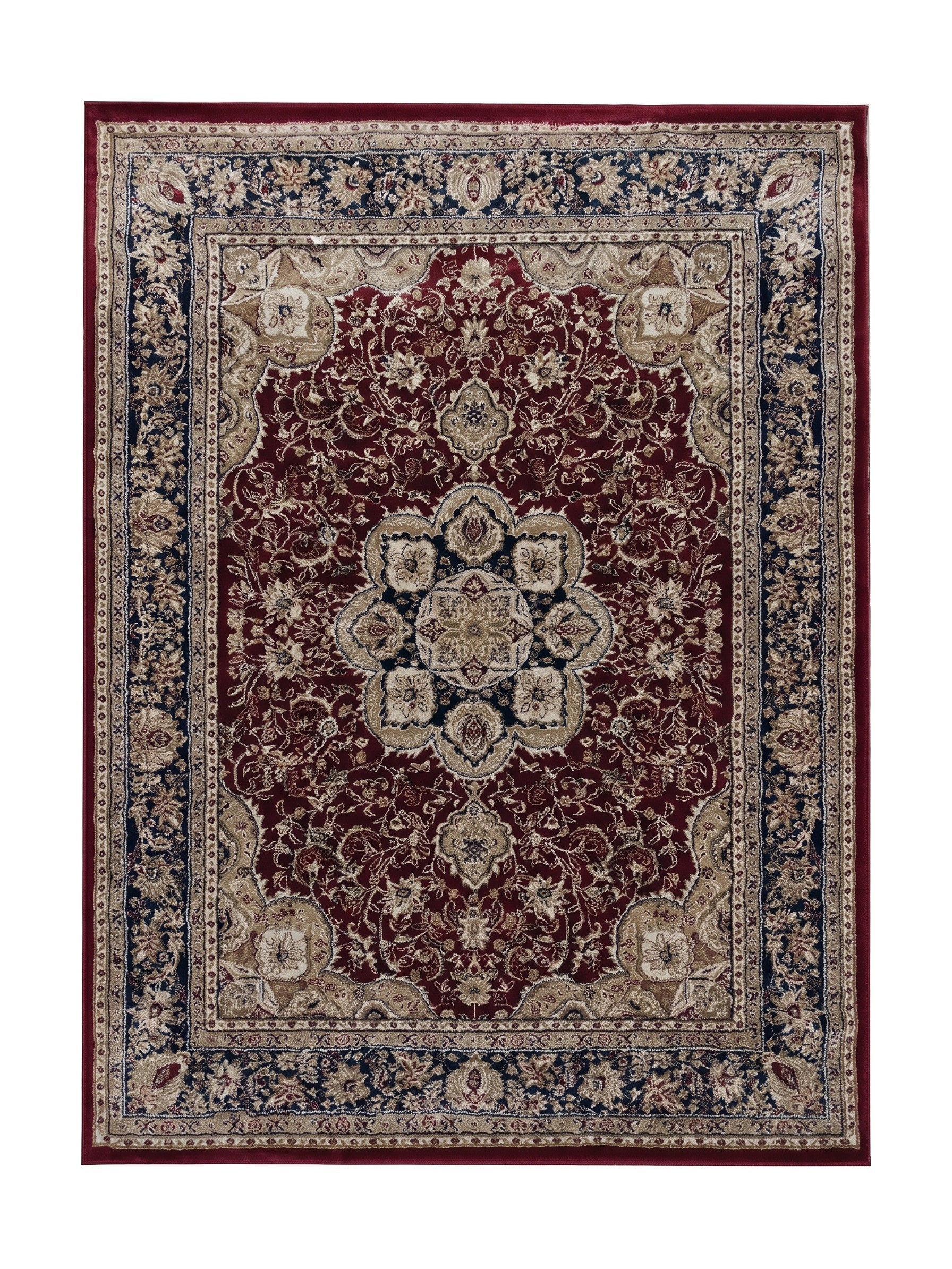 Tapis bordeaux avec un médaillon central et des motifs floraux en beige, or et bleu marine sur les bordures