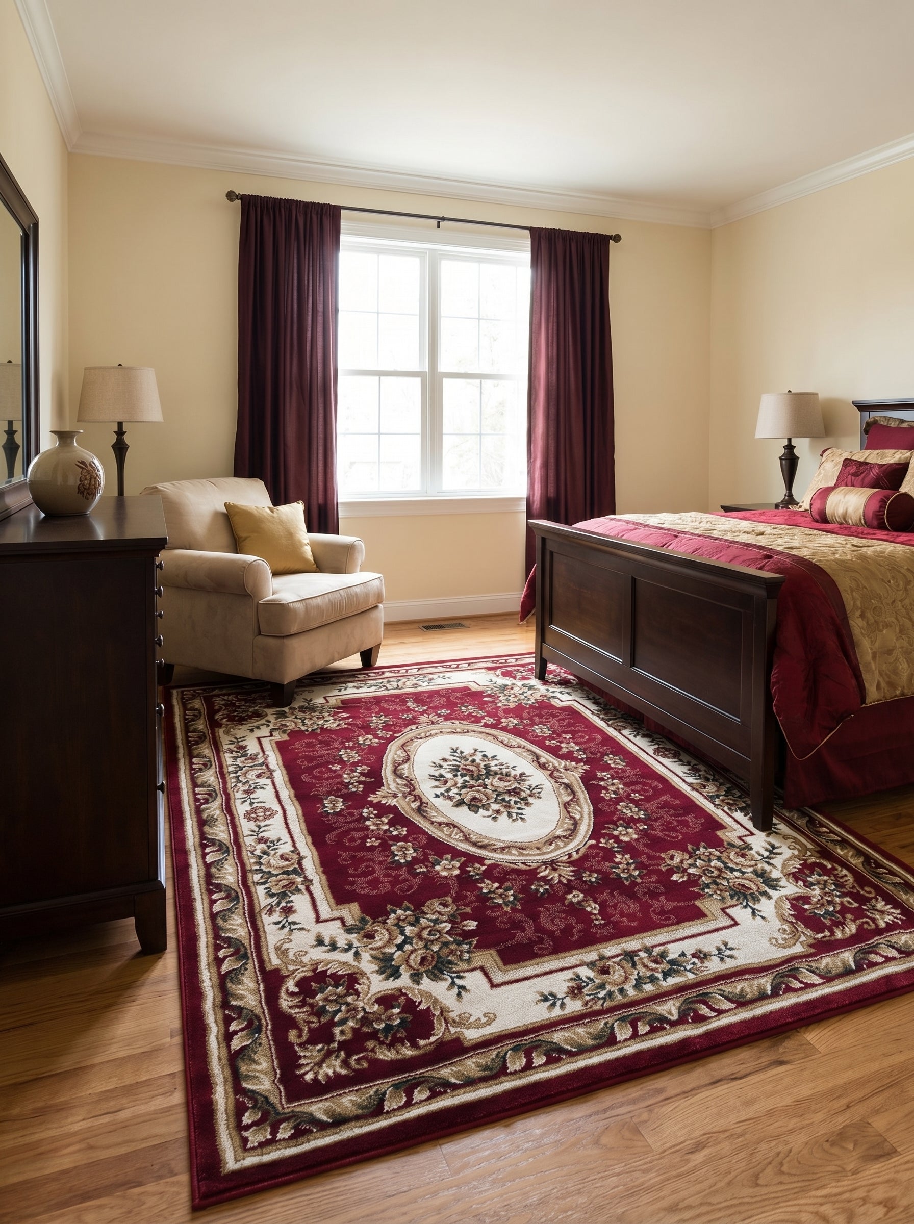 Tapis rectangulaire bordeaux et crème avec un médaillon floral central et des motifs floraux élégants, posé sur un parquet en bois dans une chambre