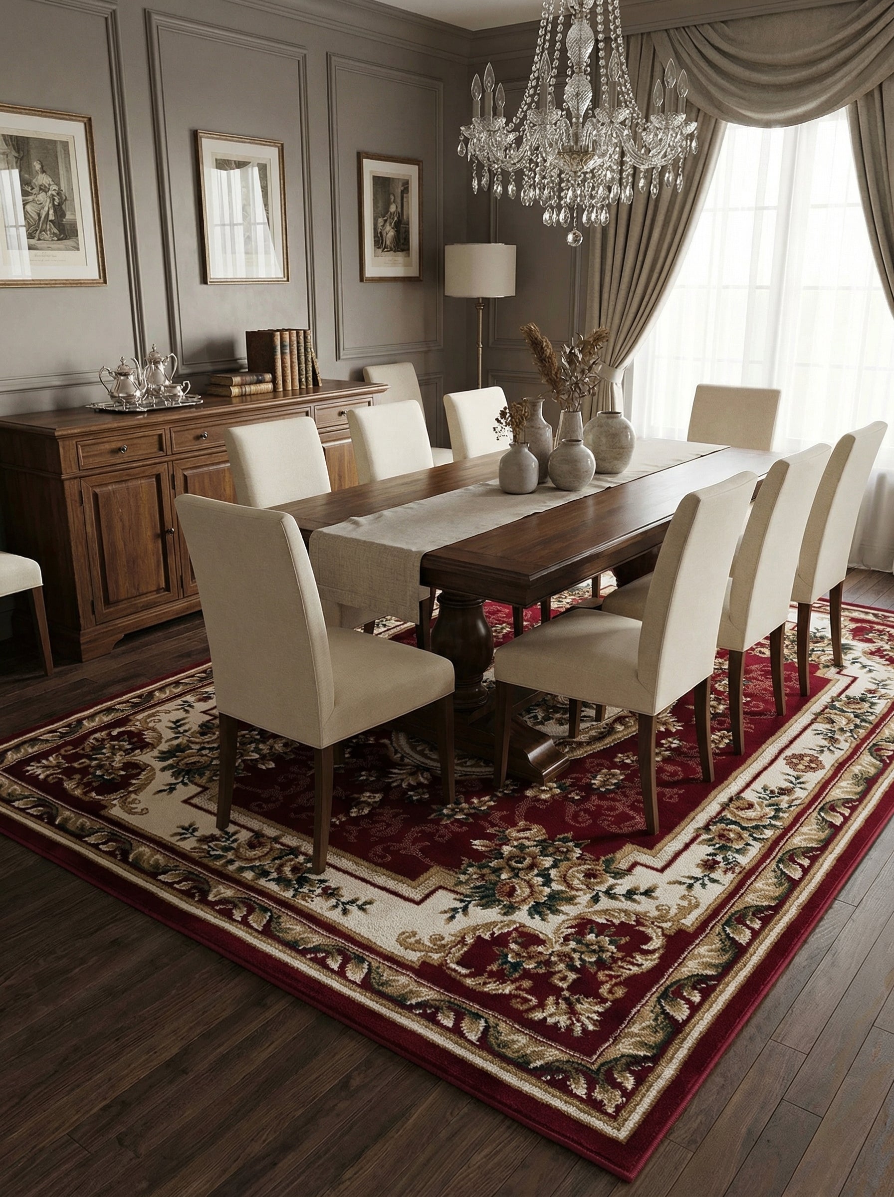 Tapis rectangulaire rouge bordeaux aux motifs floraux crème, verts et dorés, bordure ornée claire, dans une salle à manger