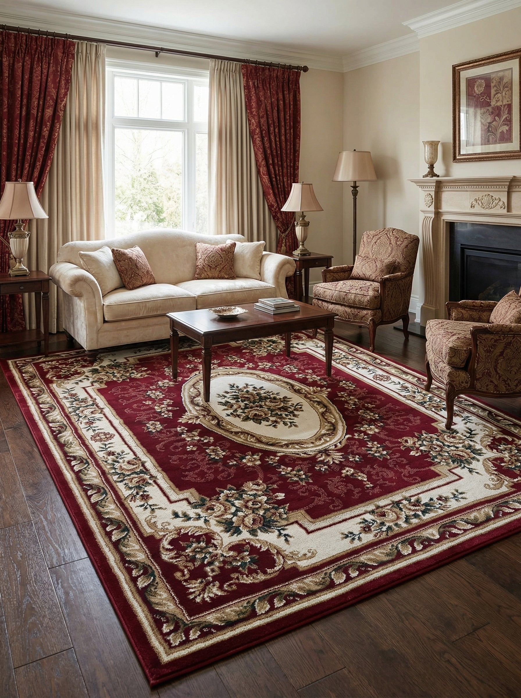 Tapis rectangulaire bordeaux et crème avec un médaillon floral central et des motifs classiques, posé sur un parquet dans un salon élégant