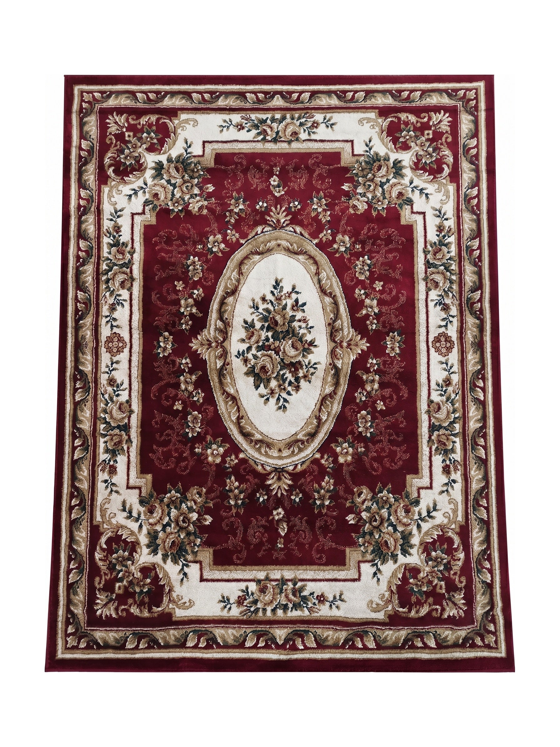 Tapis bordeaux avec un grand médaillon floral central crème et des bordures ornementales