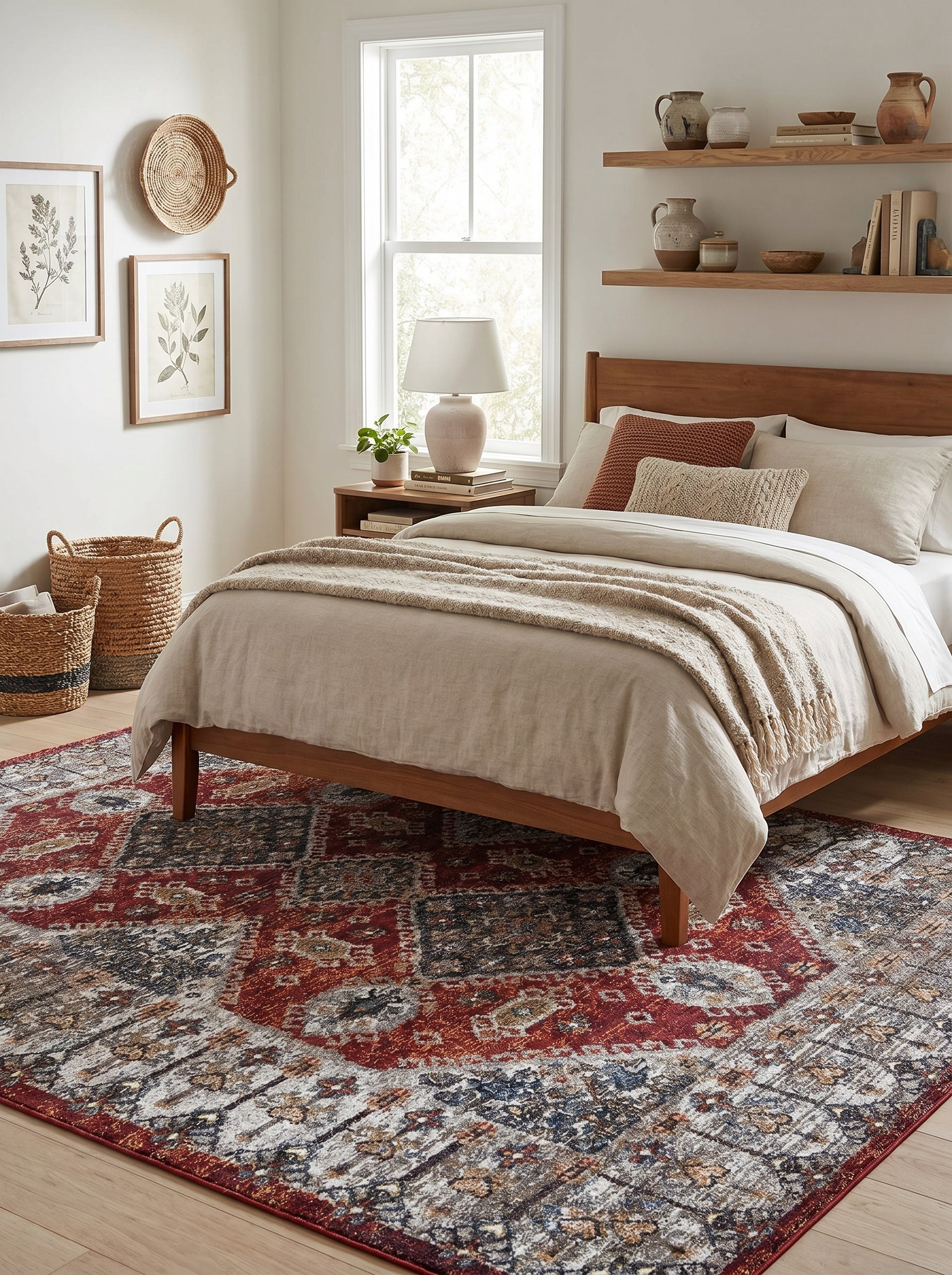 Tapis vieilli aux motifs traditionnels rouges, bleus, gris et blancs sur parquet clair dans une chambre