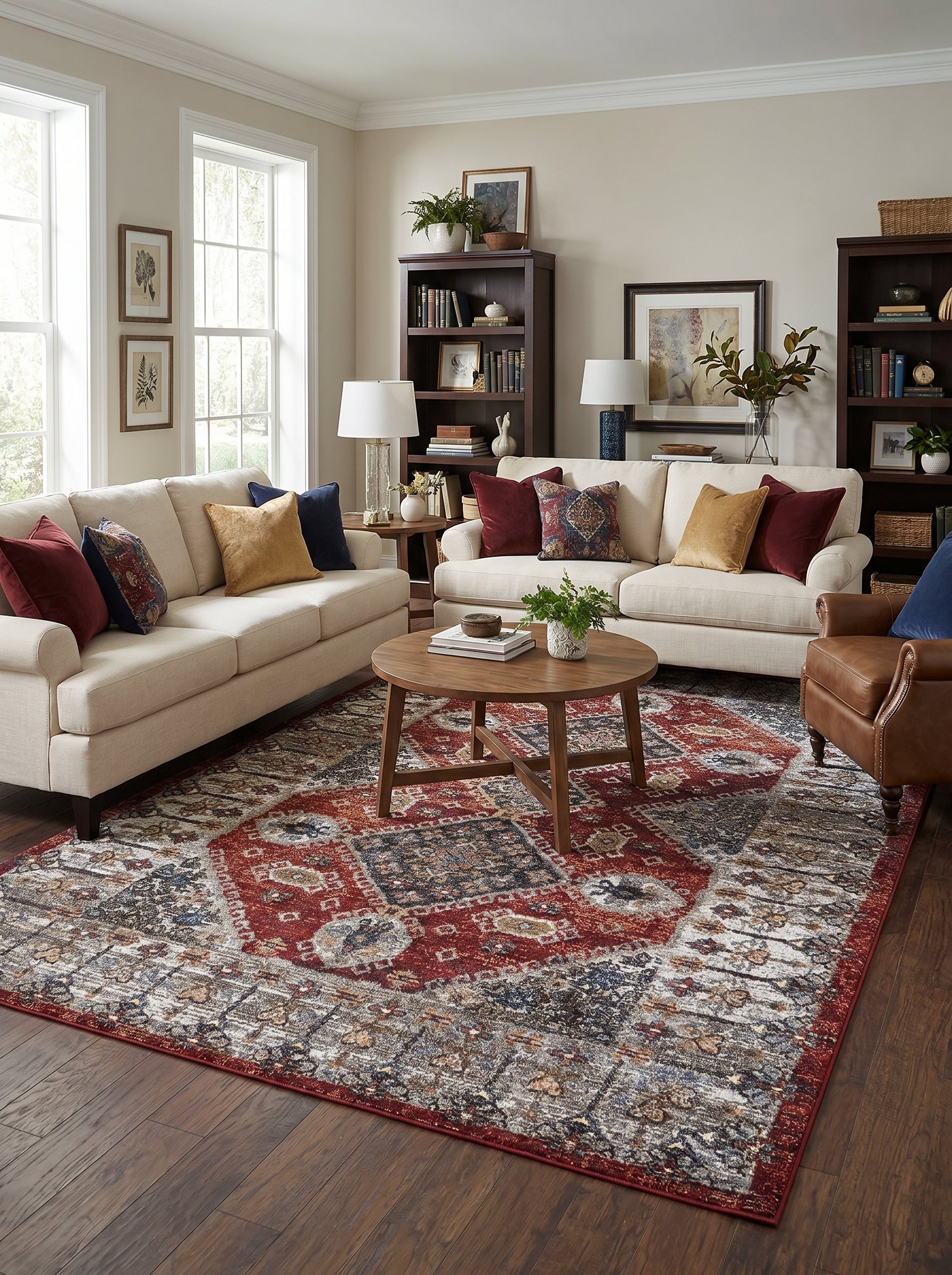 Tapis rectangulaire à motifs persans vieillis, rouge, bleu marine, beige et gris crème, au centre d'un salon