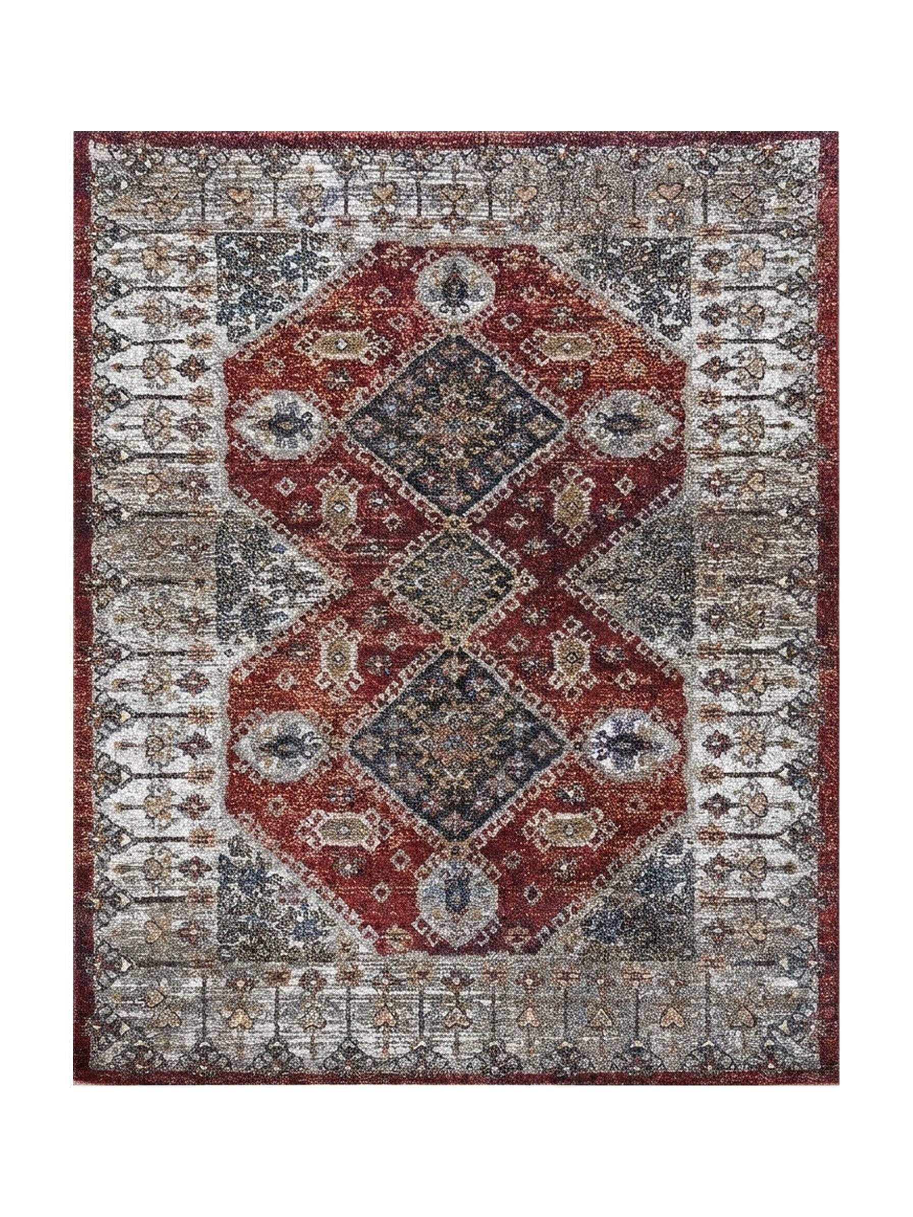 Tapis rectangulaire aux motifs orientaux rouge brique, bleu marine et beige sur fond gris et noir, avec un aspect vieilli
