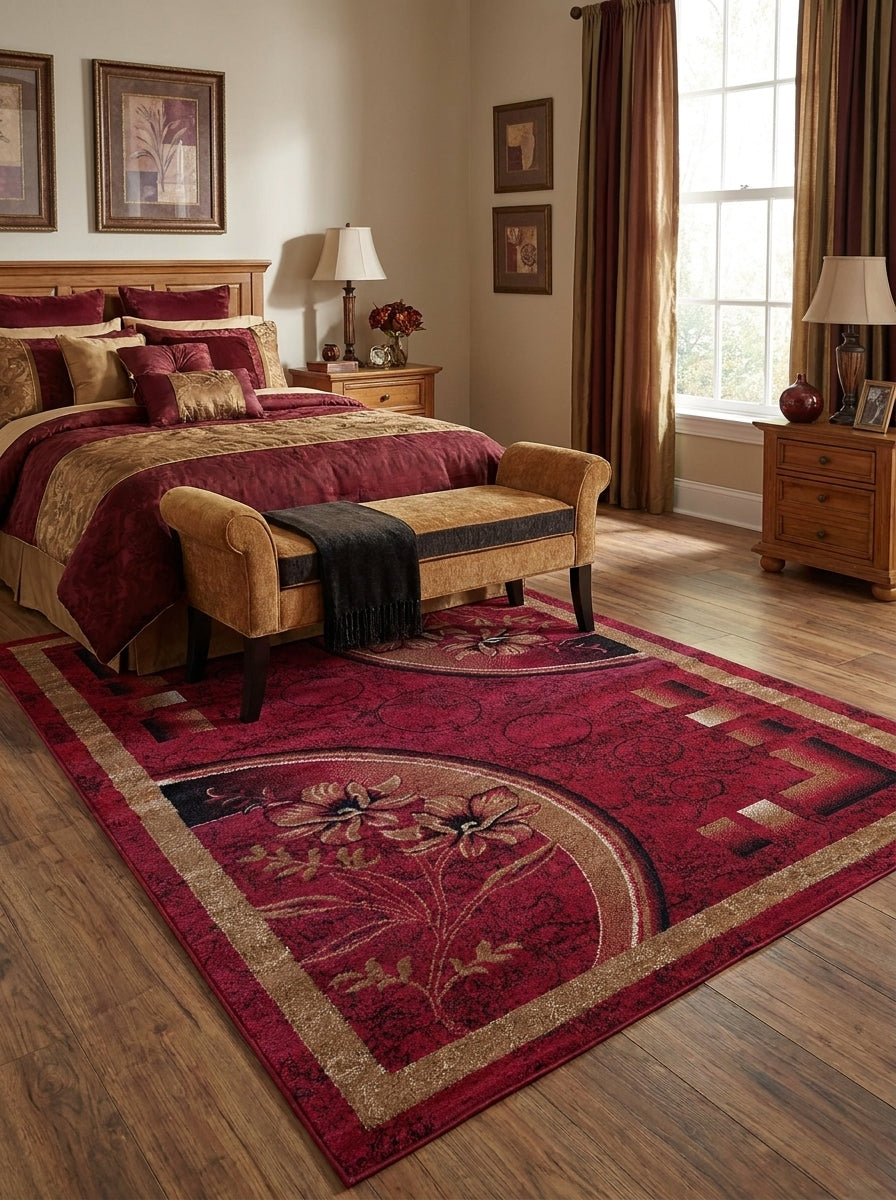Tapis bordeaux à motifs floraux dorés et géométriques noires et or en chambre