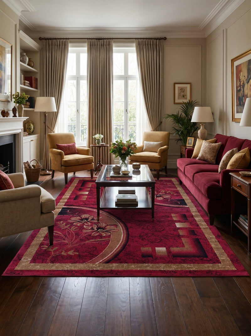 Rechthoekig bordeauxrood vloerkleed met gouden bloemmotieven en zwarte geometrische motieven, met een gouden rand, in een woonkamer