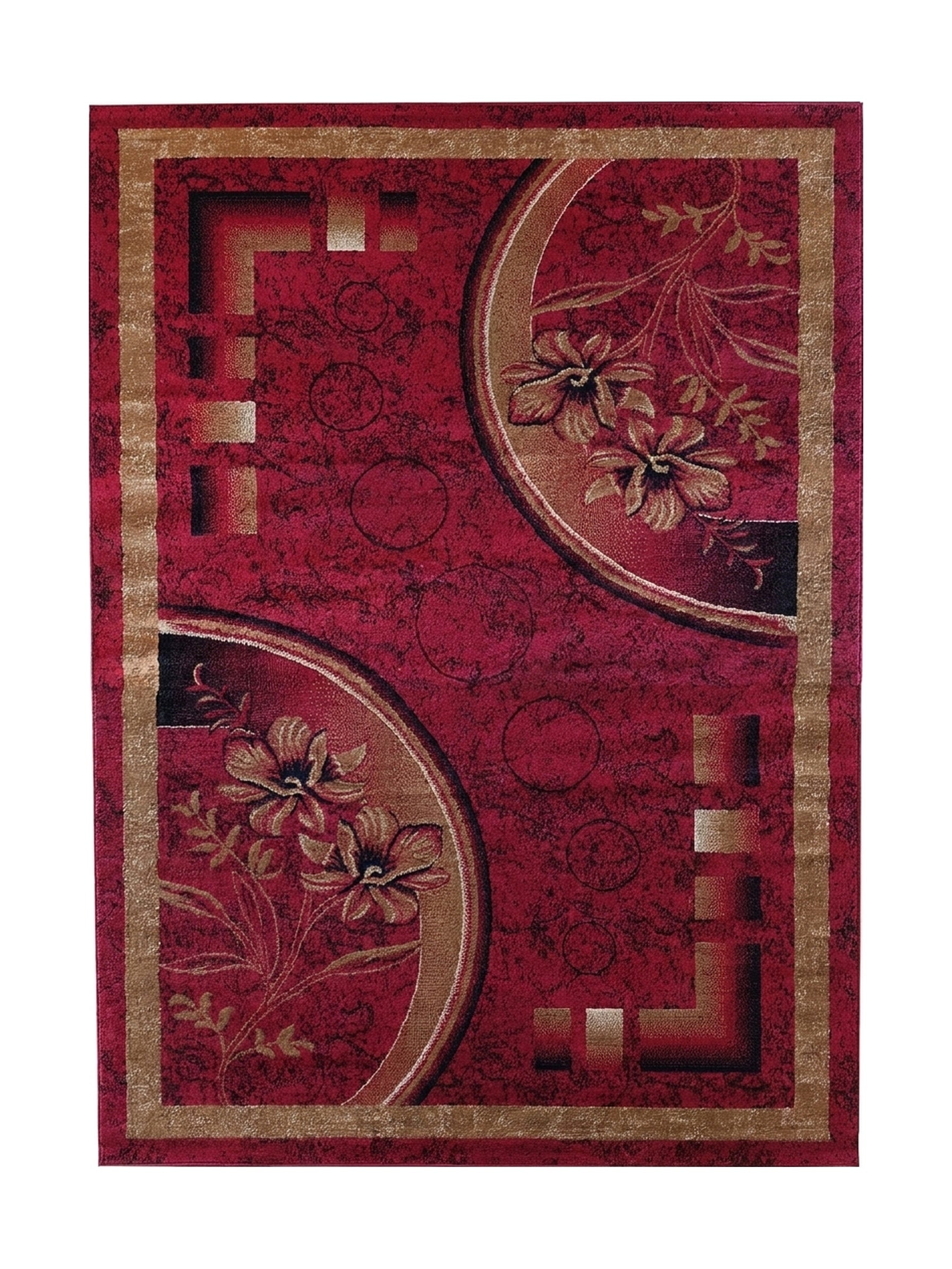 Tapis rectangulaire rouge foncé, orné de motifs floraux et géométriques dorés et noirs sur un fond moucheté