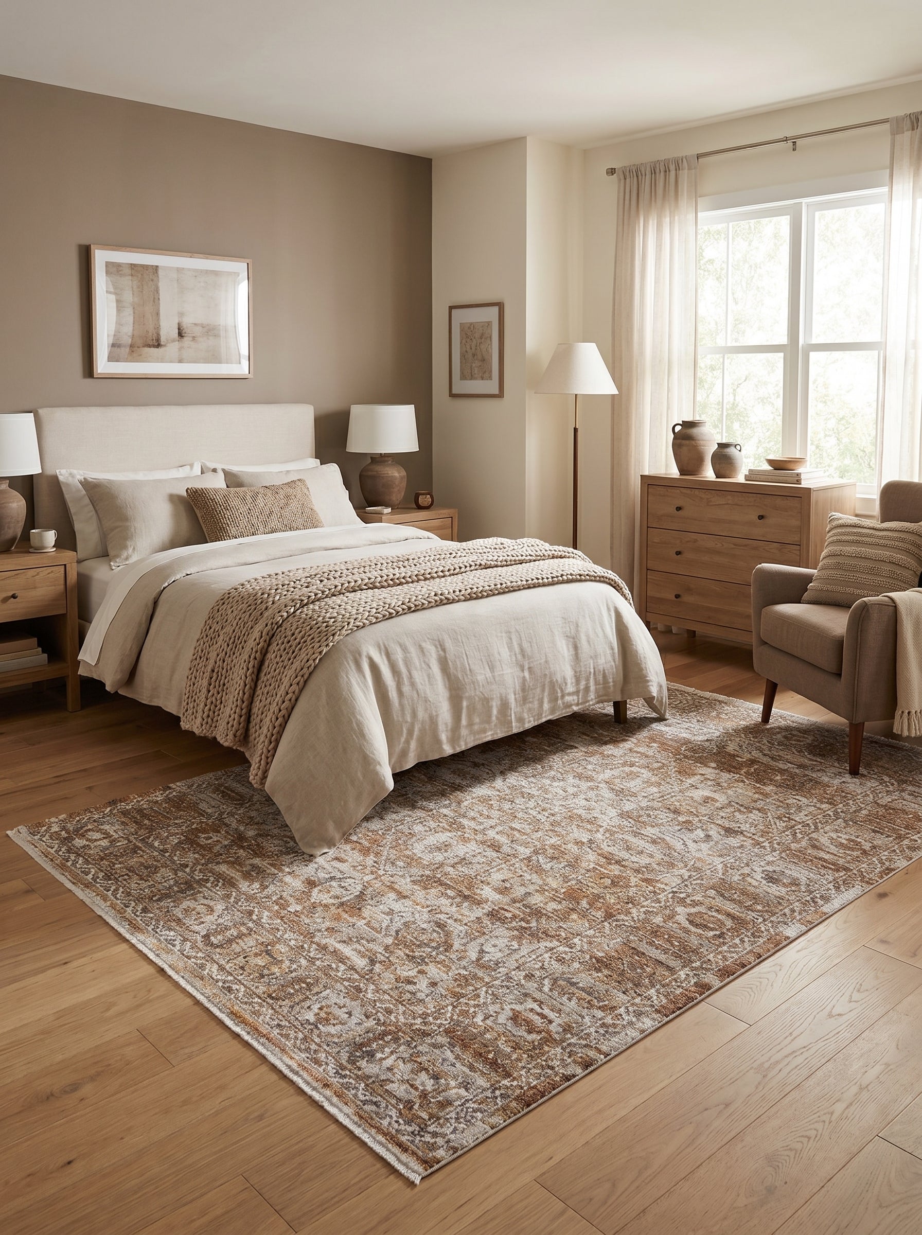 Tapis rectangulaire aux motifs traditionnels vieillis marron rouille et crème sur parquet clair dans une chambre