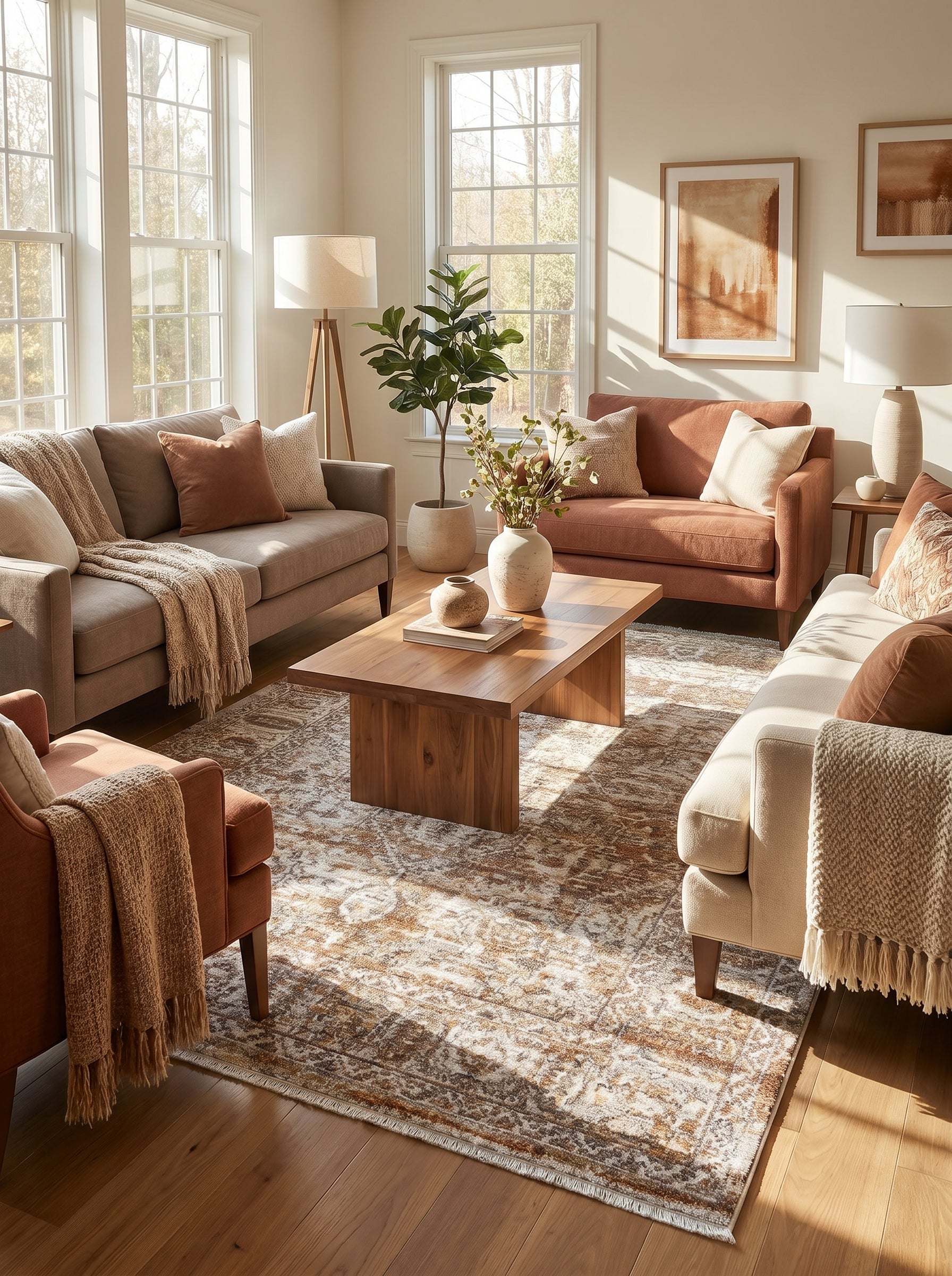 Tapis rectangulaire aux motifs ornementaux et abstraits en marron, beige et blanc, posé dans un salon ensoleillé