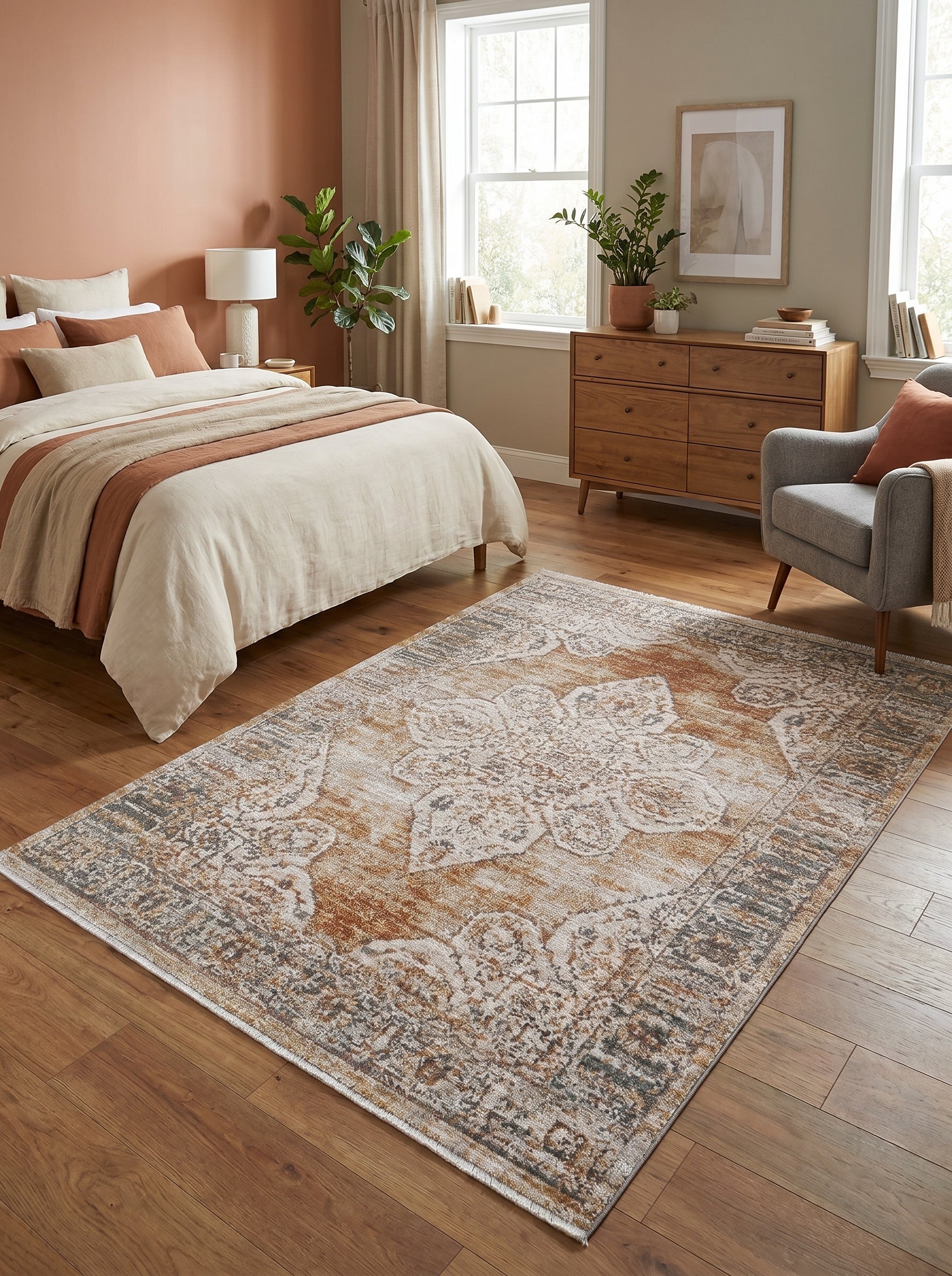 Tapis rectangulaire aux motifs ornementaux vieillis, mêlant des tons rouille, crème et gris, dans une chambre