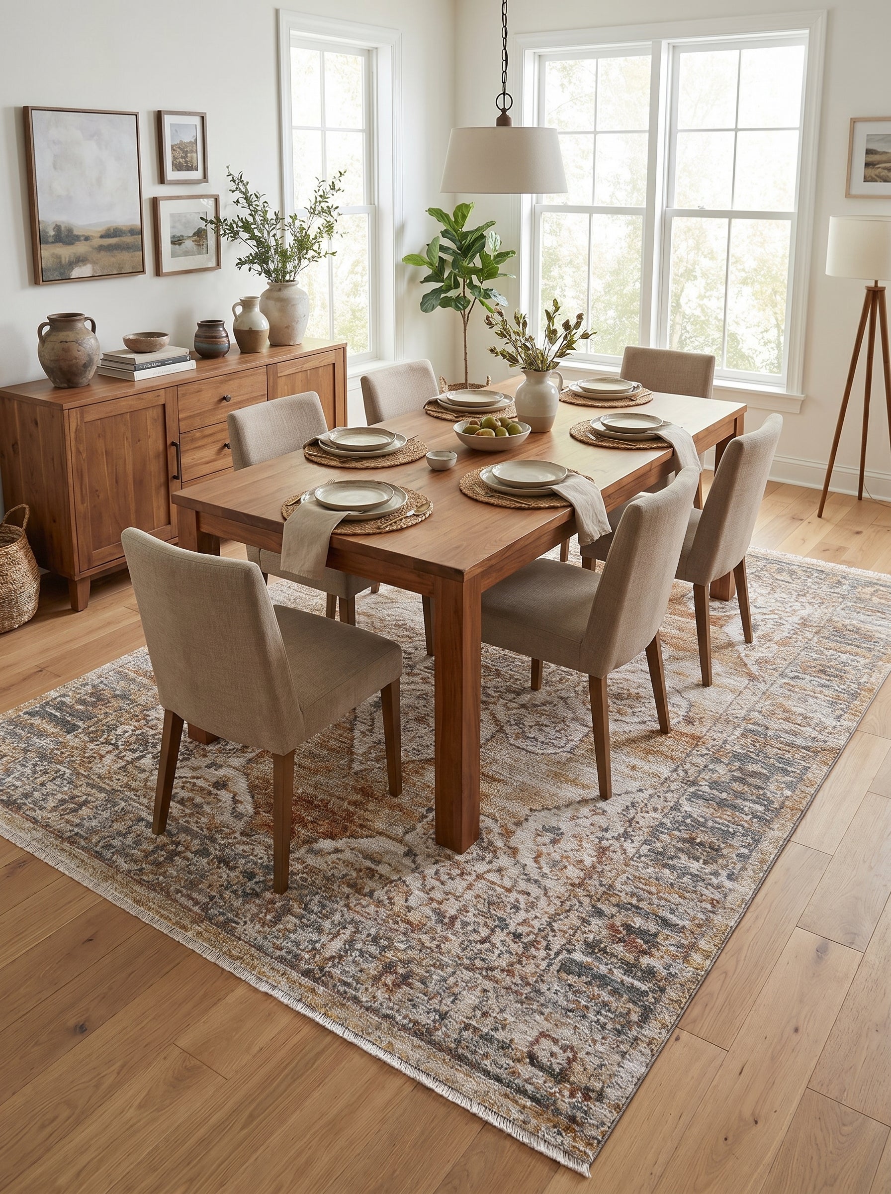 Tapis rectangulaire à motifs abstraits délavés en beige, marron, rouille et gris anthracite, sous une table à manger