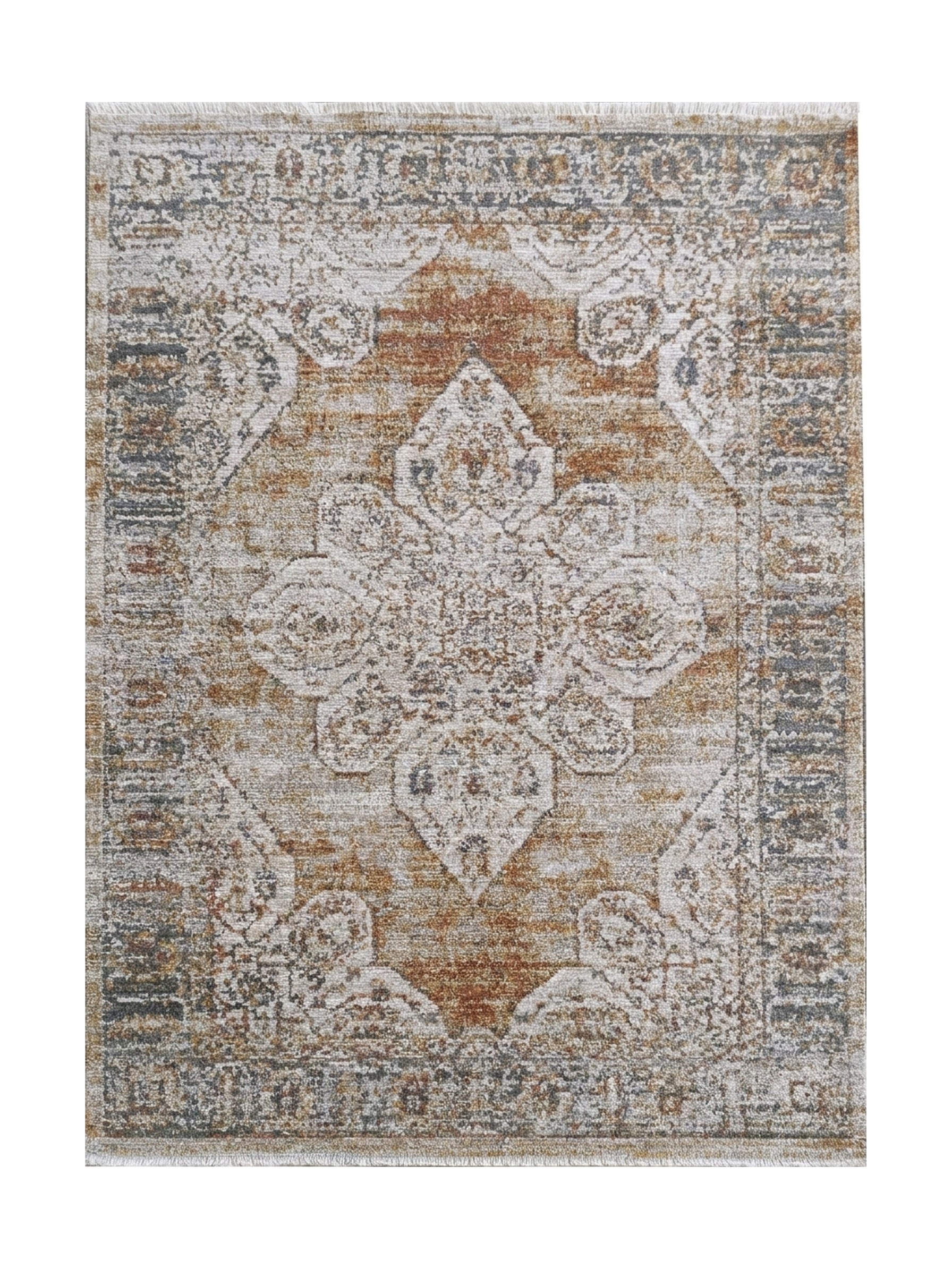 Tapis rectangulaire aux motifs ornementaux beige, rouille et gris délavé, avec un médaillon central et des franges visibles