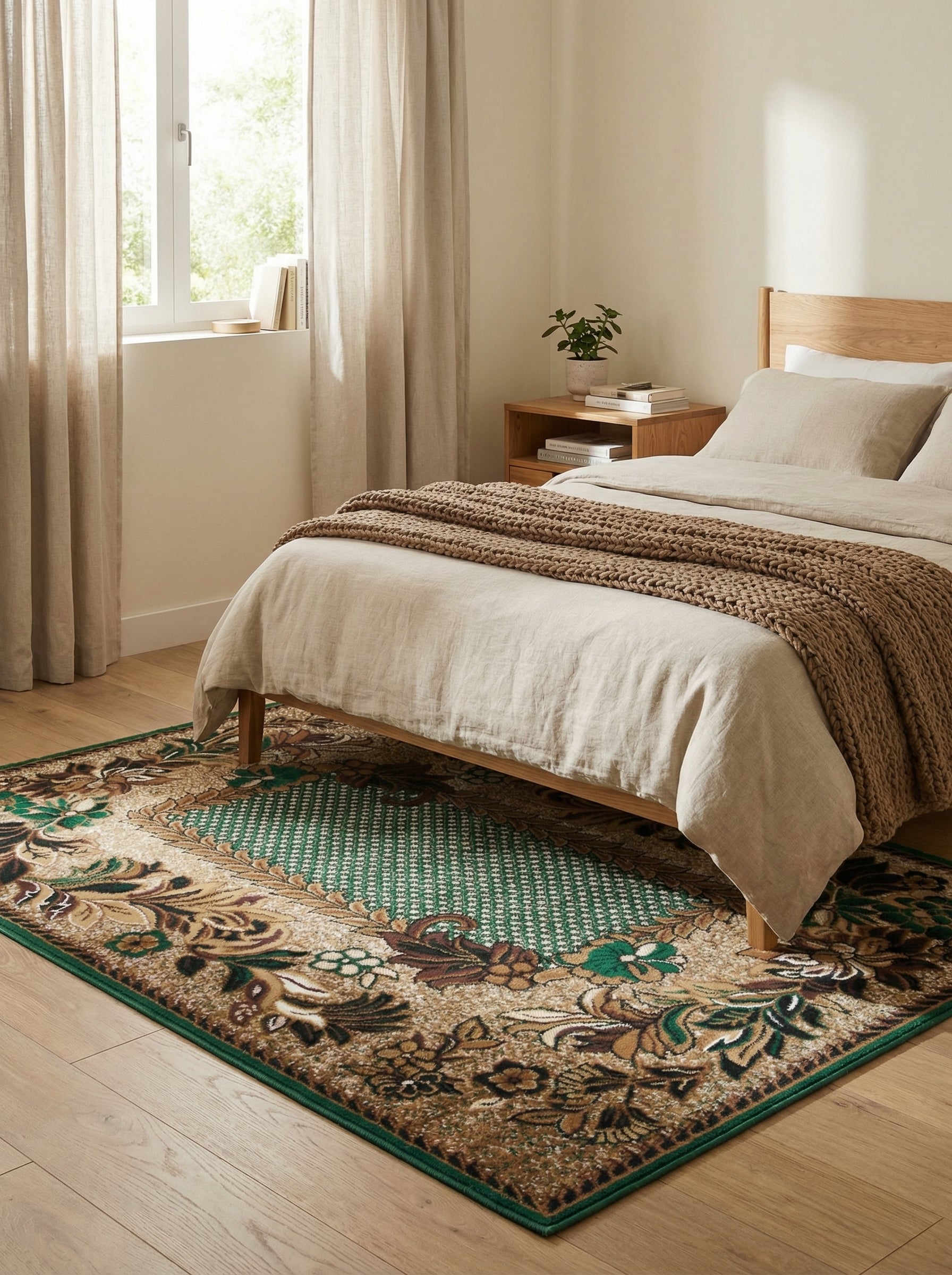 Tapis rectangulaire aux riches motifs floraux bruns, beiges et verts, avec un centre vert pointillé, dans une chambre