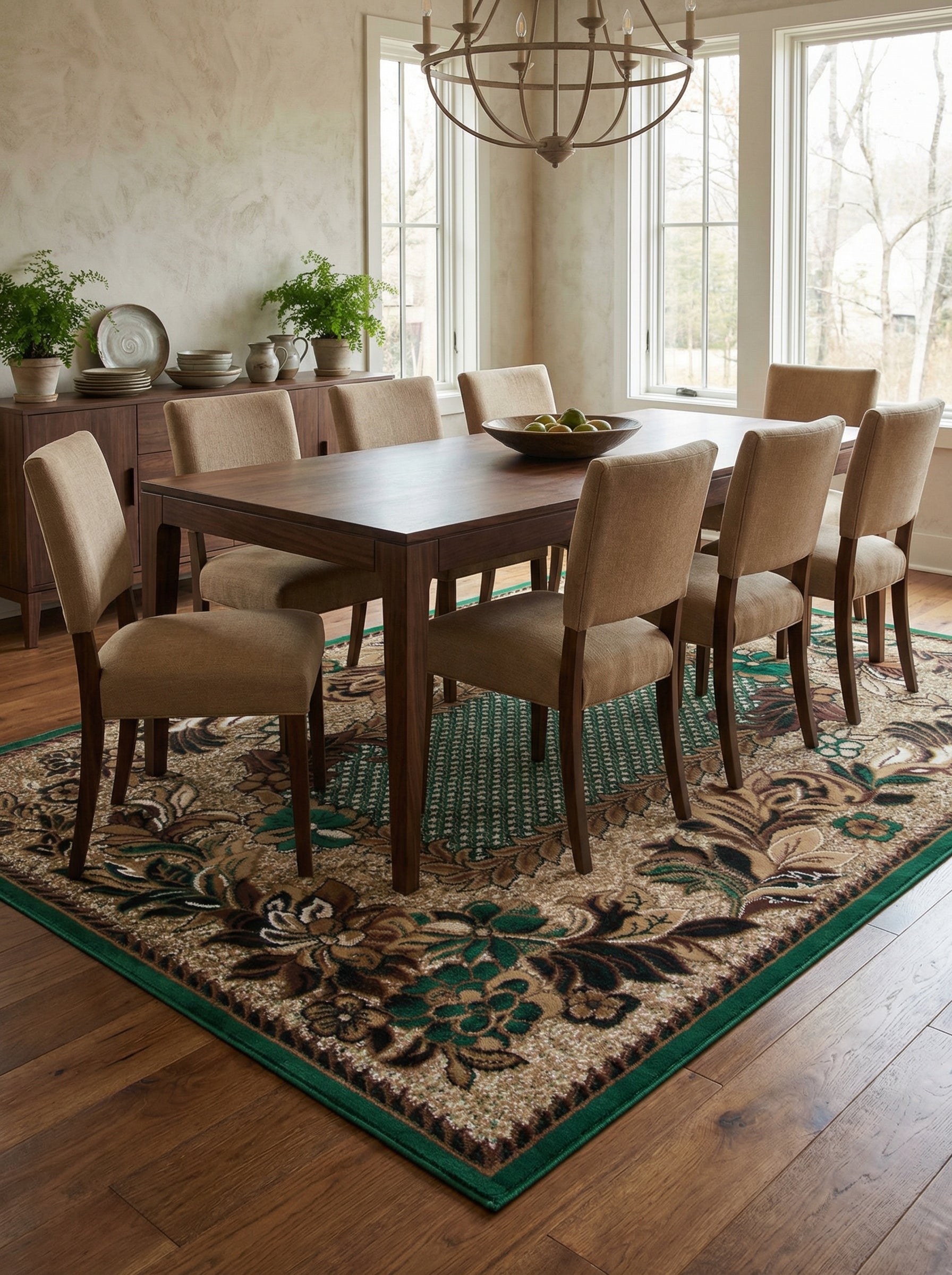 Tapis rectangulaire tissé aux motifs floraux luxuriants beiges, marron et vert forêt, bordé de vert émeraude, dans une salle à manger