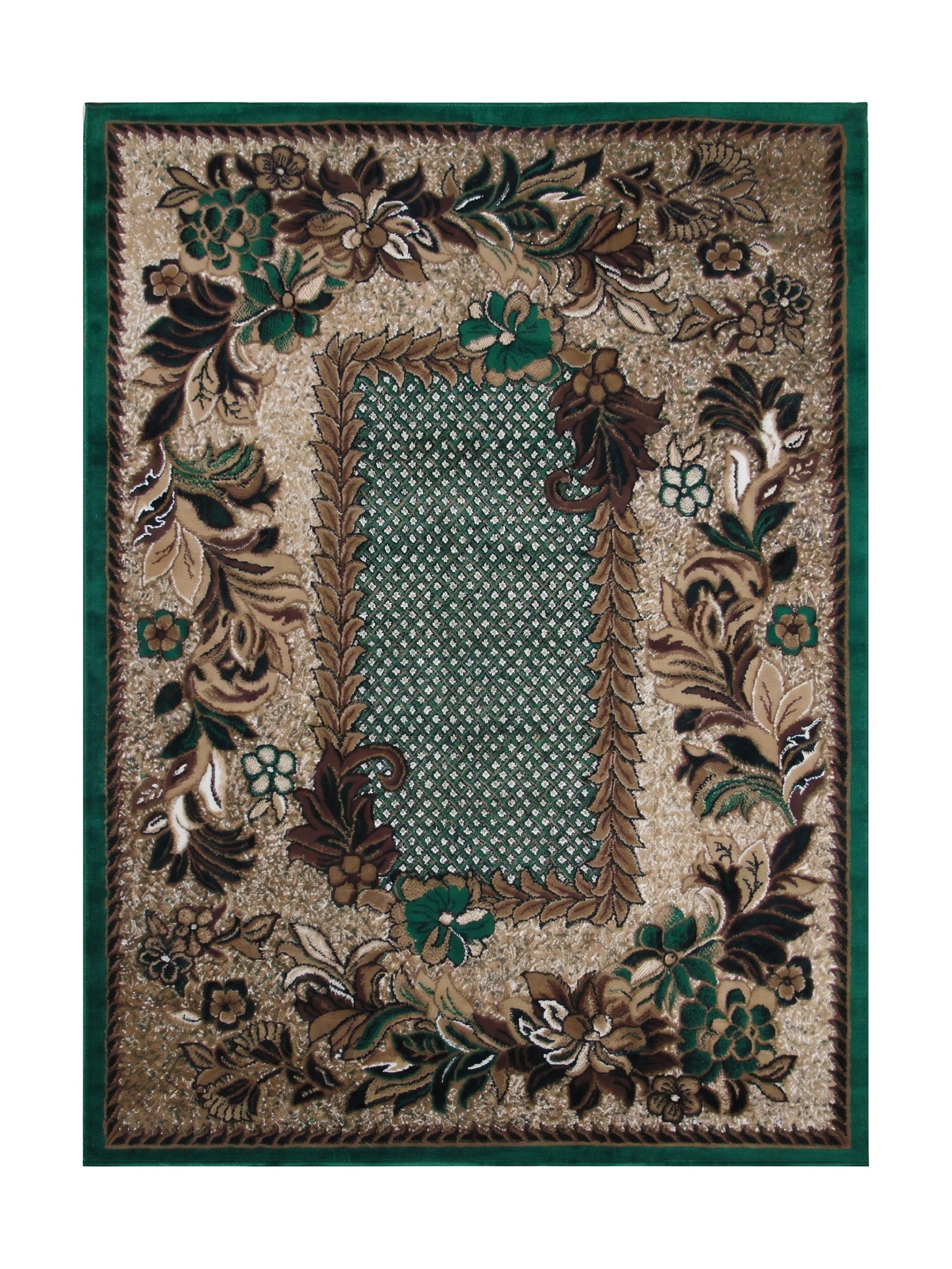 Tapis rectangulaire vert, marron et beige avec un centre géométrique quadrillé encadré de motifs floraux élaborés et d'une bordure verte unie