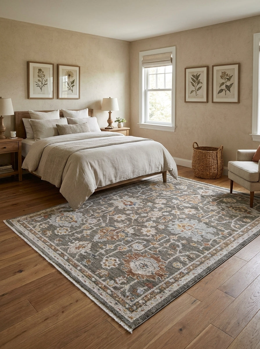 Tapis gris foncé floral à médaillons ocre, rouille et bleu clair, bordure beige clair, sur parquet dans une chambre