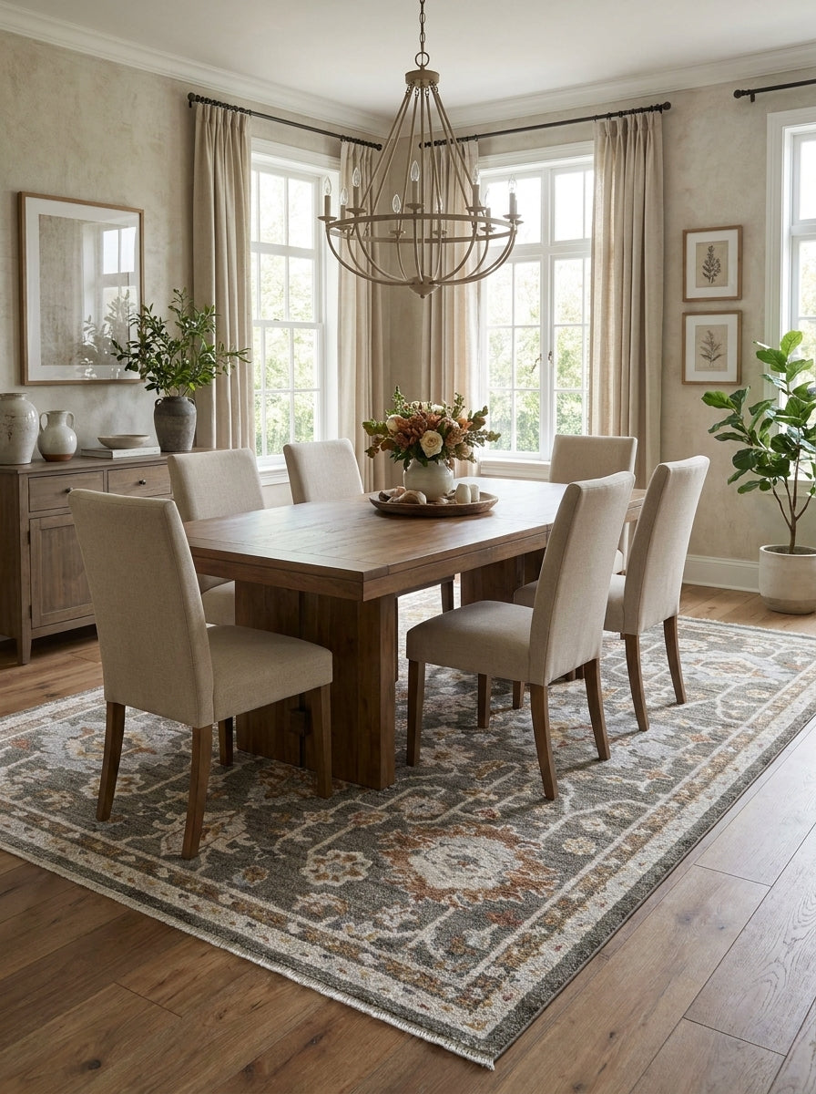 Tapis rectangulaire gris foncé à motifs floraux et géométriques beiges et rouille, avec bordure, dans une salle à manger