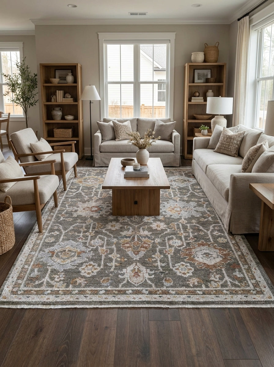 Tapis rectangulaire gris foncé aux motifs floraux et médaillons complexes blanc cassé, rouille et beige, posé dans un salon