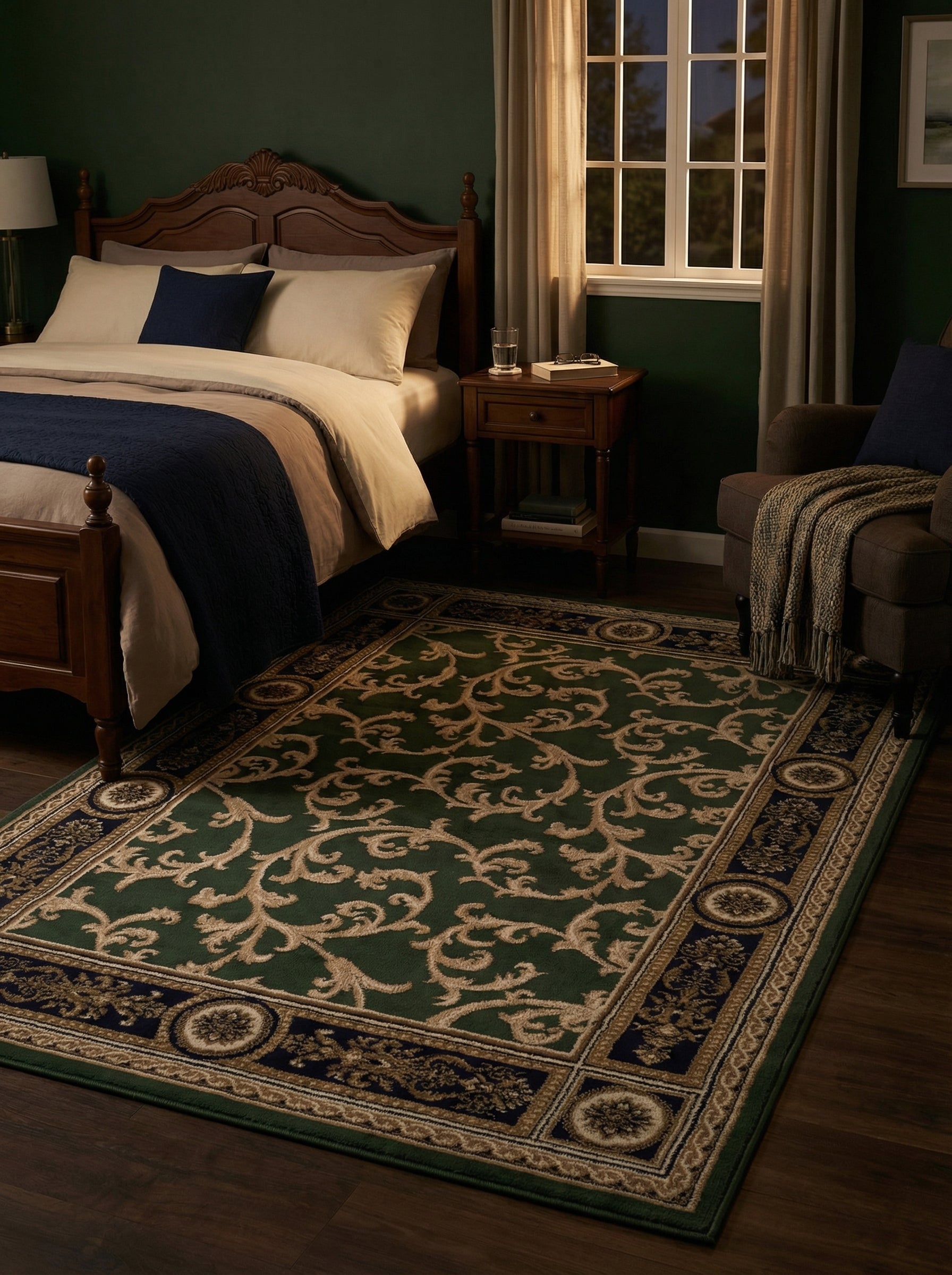 Tapis rectangulaire vert foncé aux volutes florales beiges, avec une bordure richement décorée de médaillons bleu marine et or dans une chambre à coucher