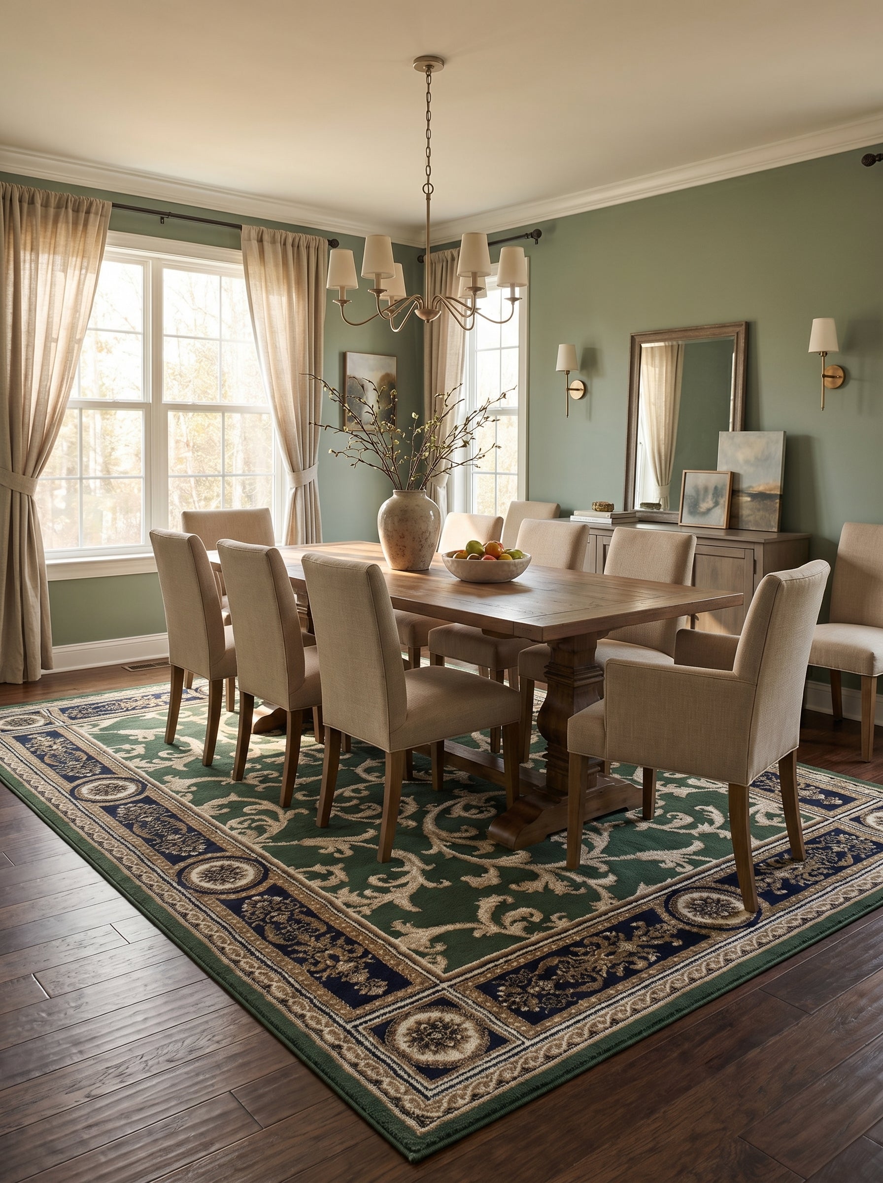 Grand tapis vert à motifs beiges et bordure bleu marine avec médaillons dorés, dans une salle à manger élégante