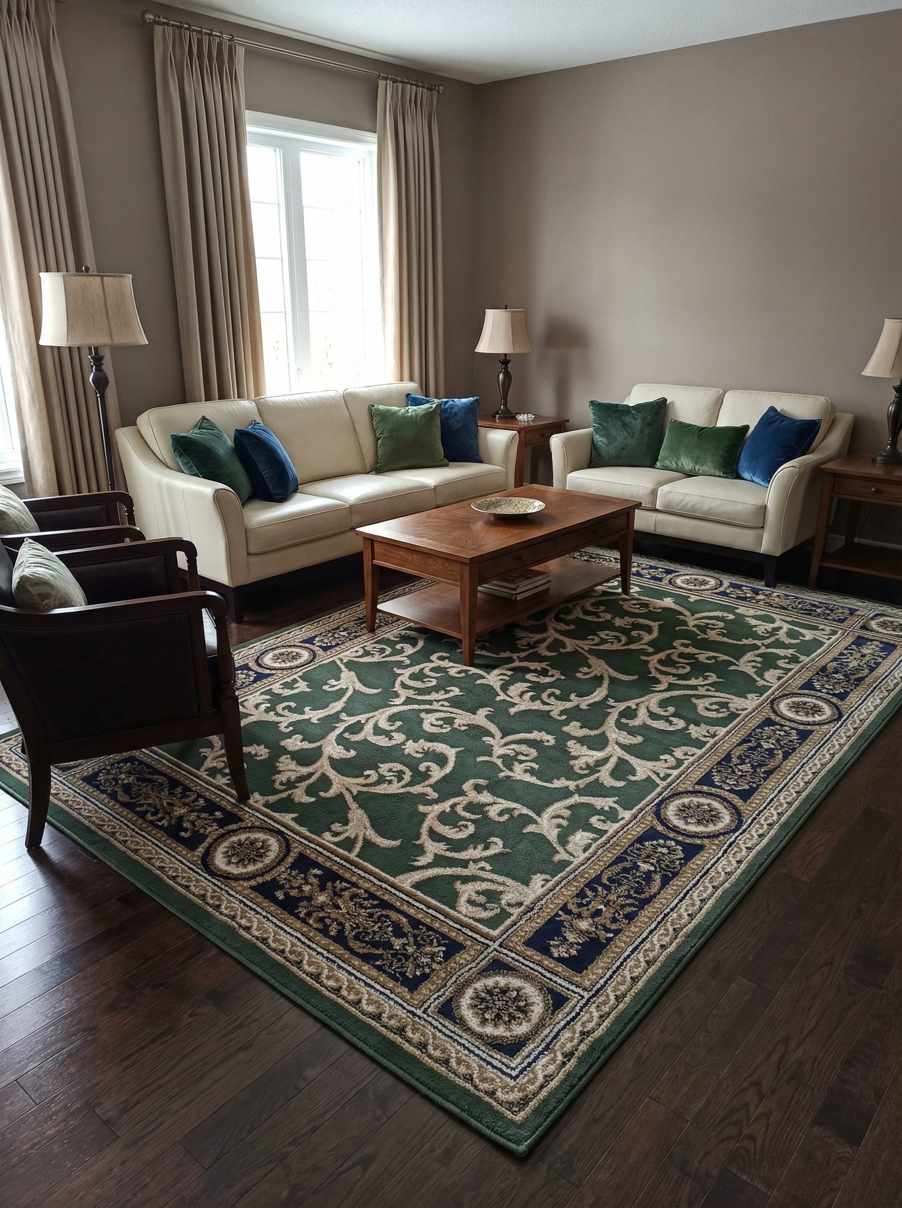 Tapis rectangulaire vert à motifs rinceaux beiges et bordure complexe bleu marine, or et crème, sur parquet dans un salon