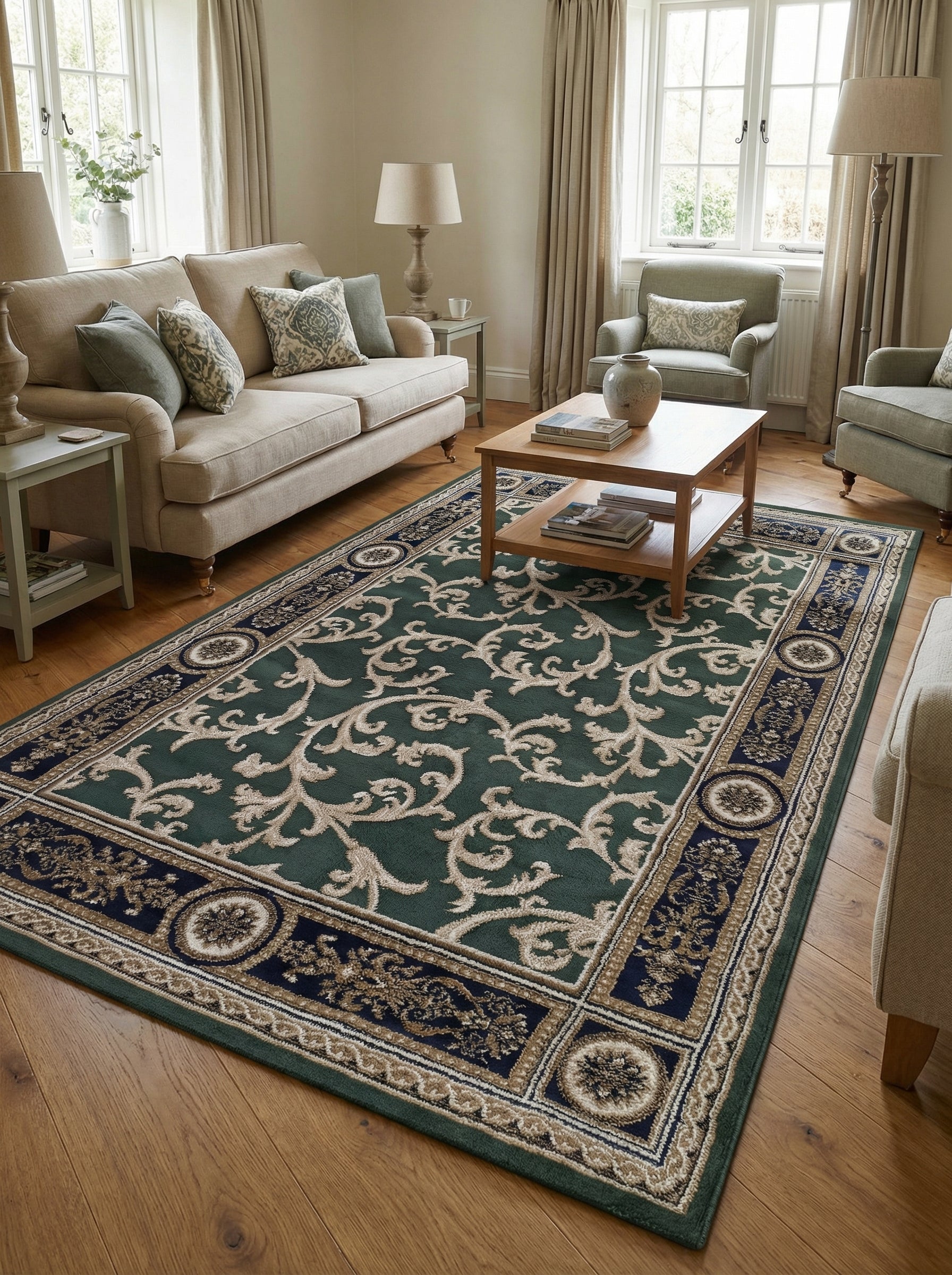 Tapis vert foncé orné de volutes crème et de bordures classiques bleu et doré, couvrant le sol en bois d'un salon élégant