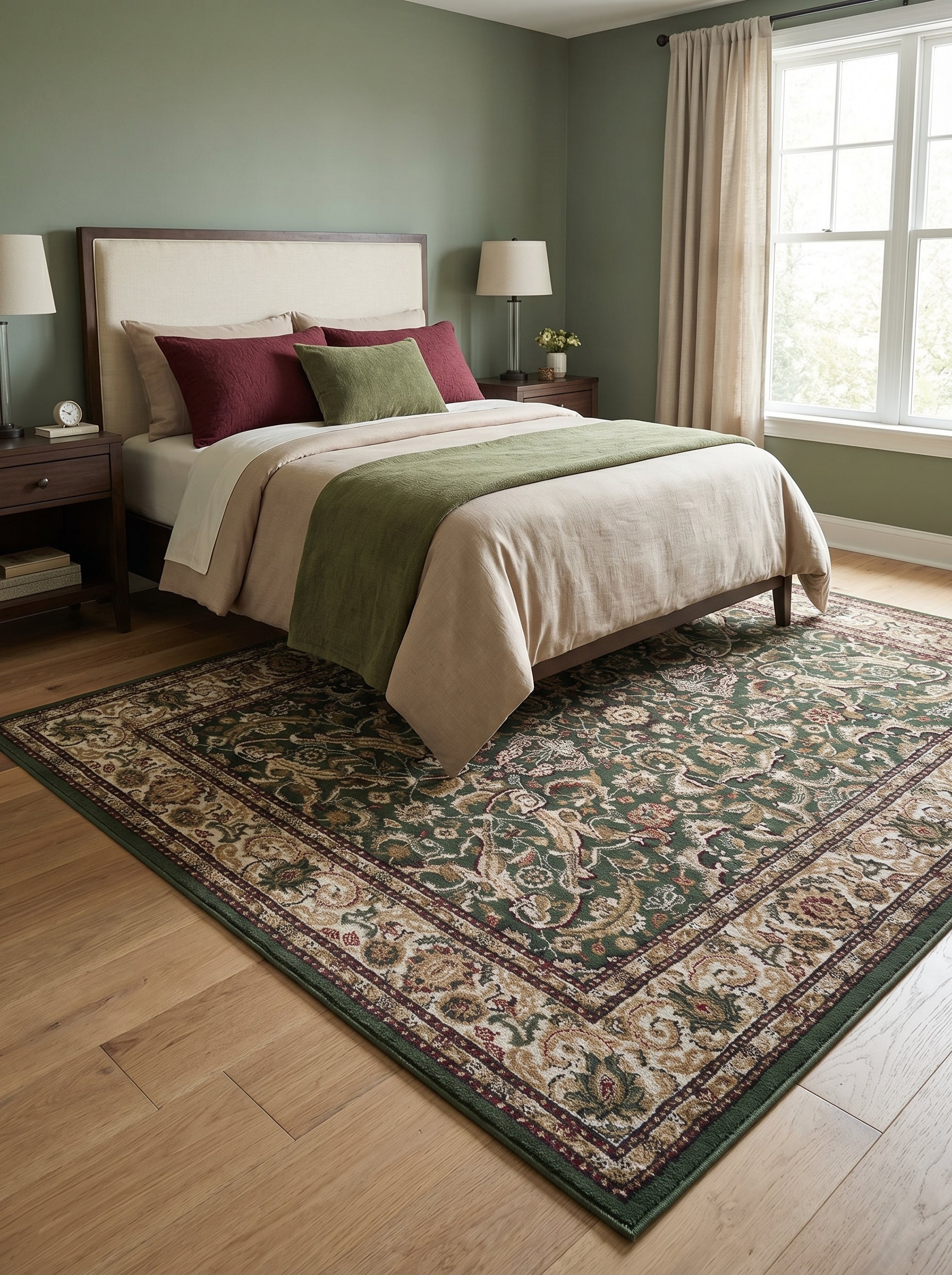 Grand tapis rectangulaire vert foncé orné de motifs floraux et volutes beiges et bordeaux, posé sur le parquet d'une chambre