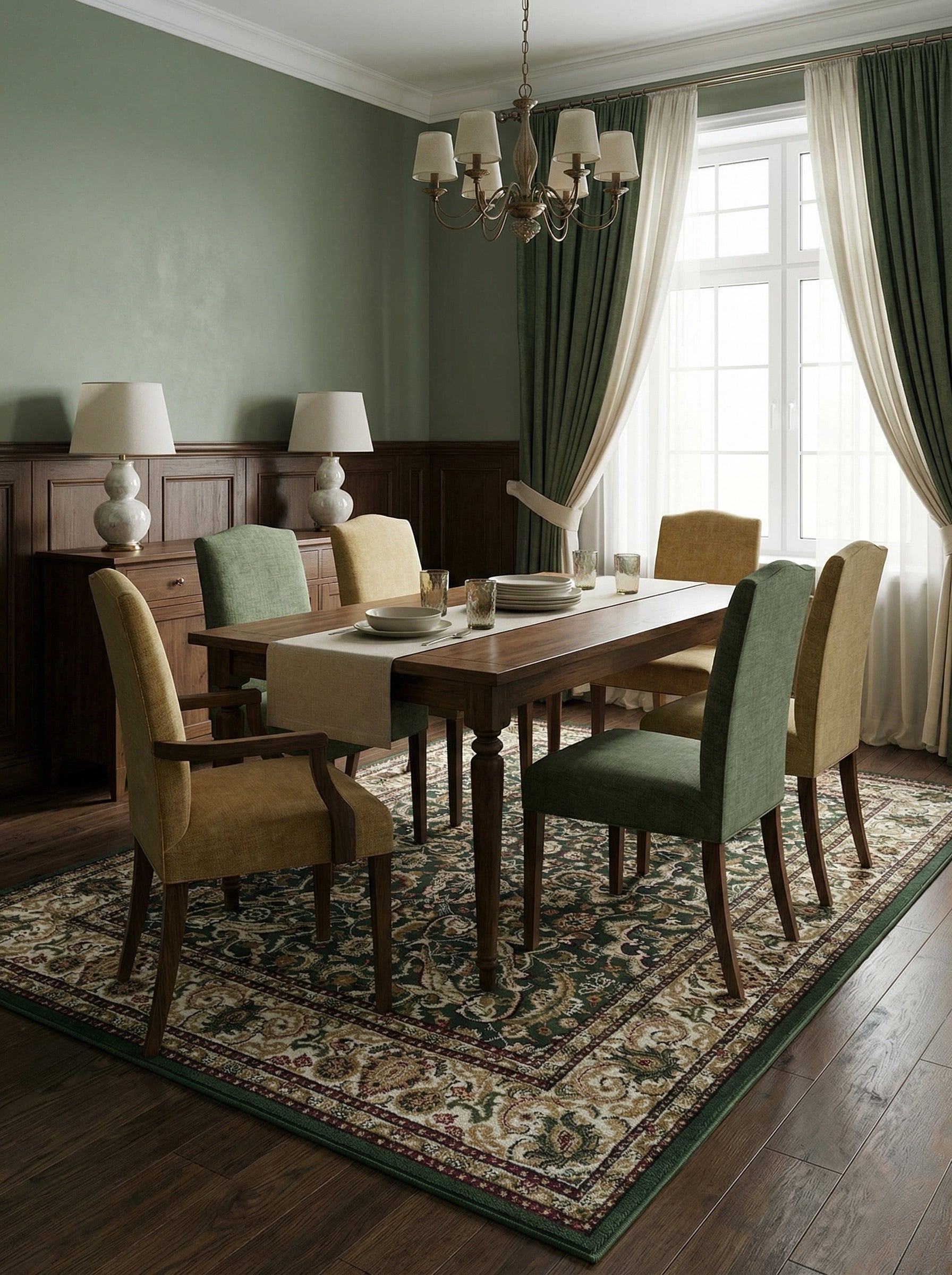 Tapis rectangulaire vert forêt à motifs floraux et cachemire crème, doré et bordeaux dans une salle à manger élégante
